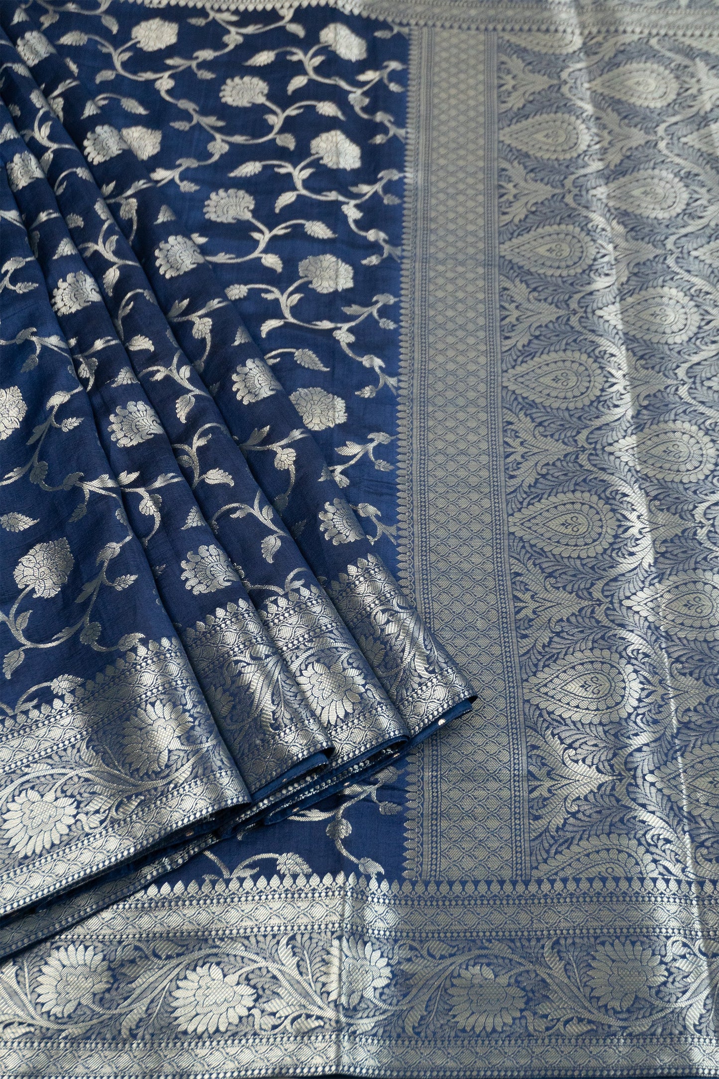 Navy Blue Silk Brocade Banarasi Zari Butta Saree with Lurex Blue Butta Facing and Beautiful Pearl and Thread Tassels on Pallu and Blouse