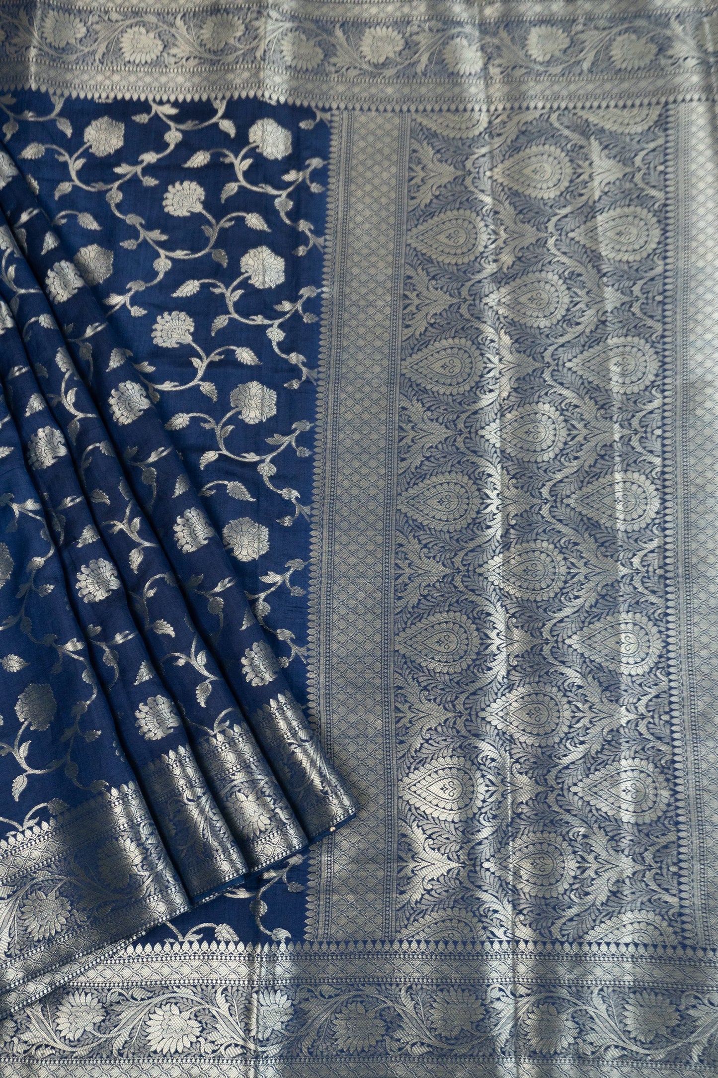 Navy Blue Silk Brocade Banarasi Zari Butta Saree with Lurex Blue Butta Facing and Beautiful Pearl and Thread Tassels on Pallu and Blouse