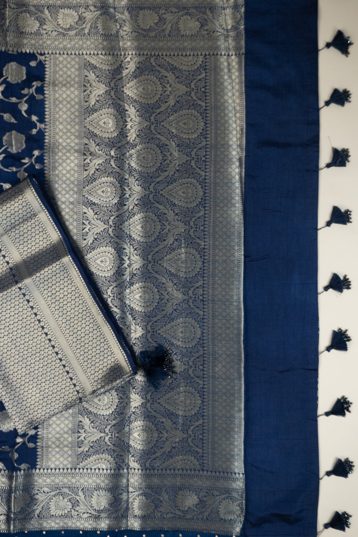 Navy Blue Silk Brocade Banarasi Zari Butta Saree with Lurex Blue Butta Facing and Beautiful Pearl and Thread Tassels on Pallu and Blouse
