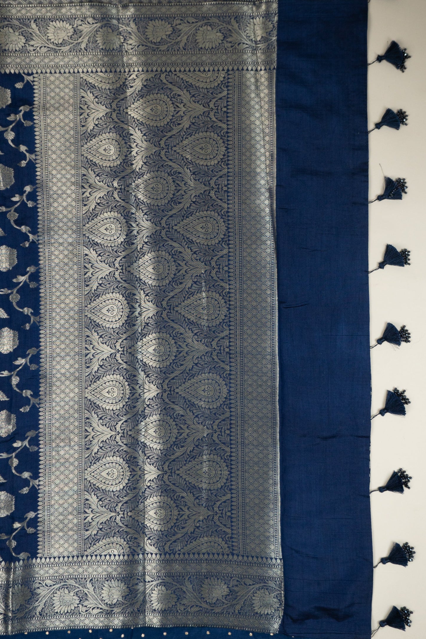 Navy Blue Silk Brocade Banarasi Zari Butta Saree with Lurex Blue Butta Facing and Beautiful Pearl and Thread Tassels on Pallu and Blouse
