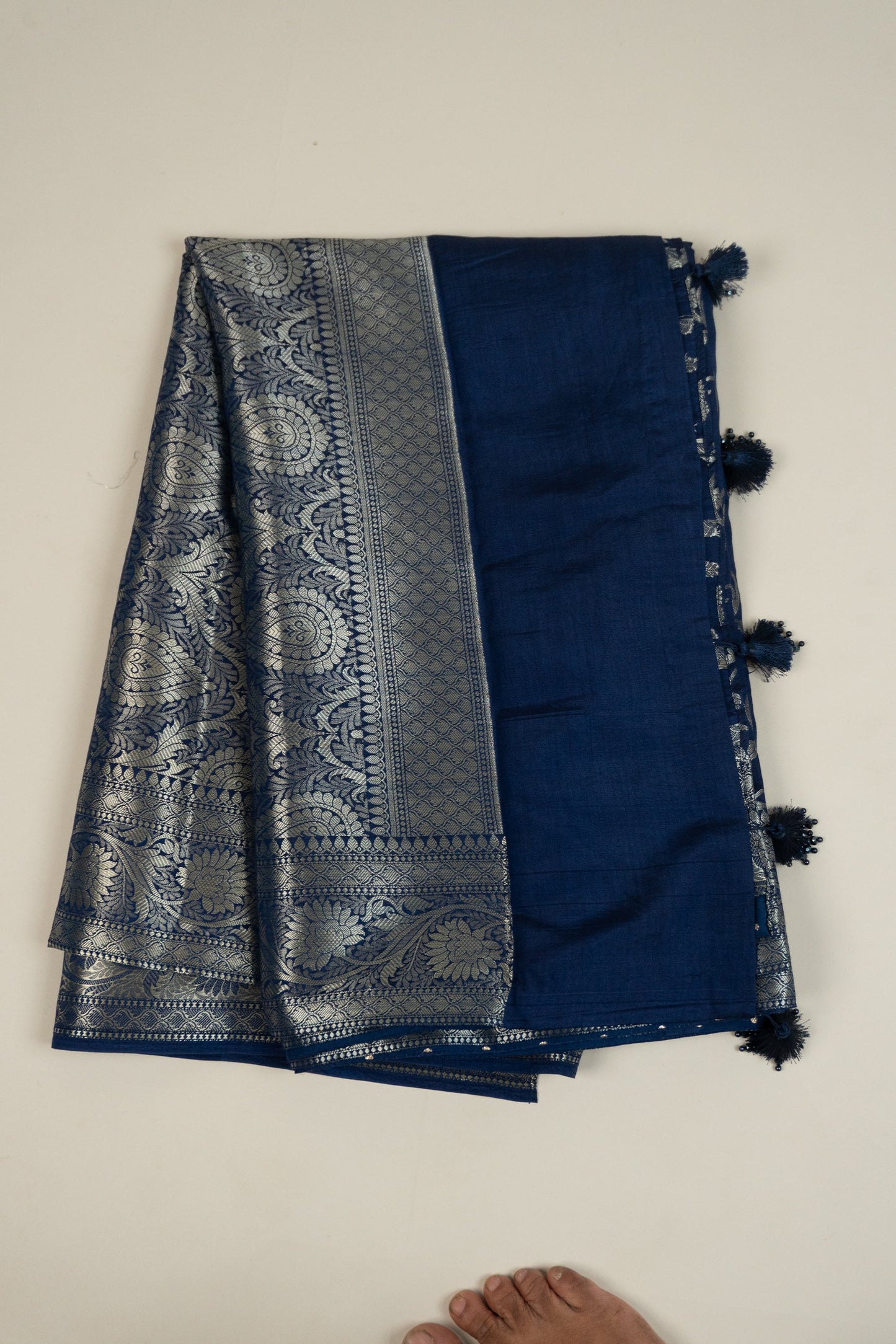 Navy Blue Silk Brocade Banarasi Zari Butta Saree with Lurex Blue Butta Facing and Beautiful Pearl and Thread Tassels on Pallu and Blouse