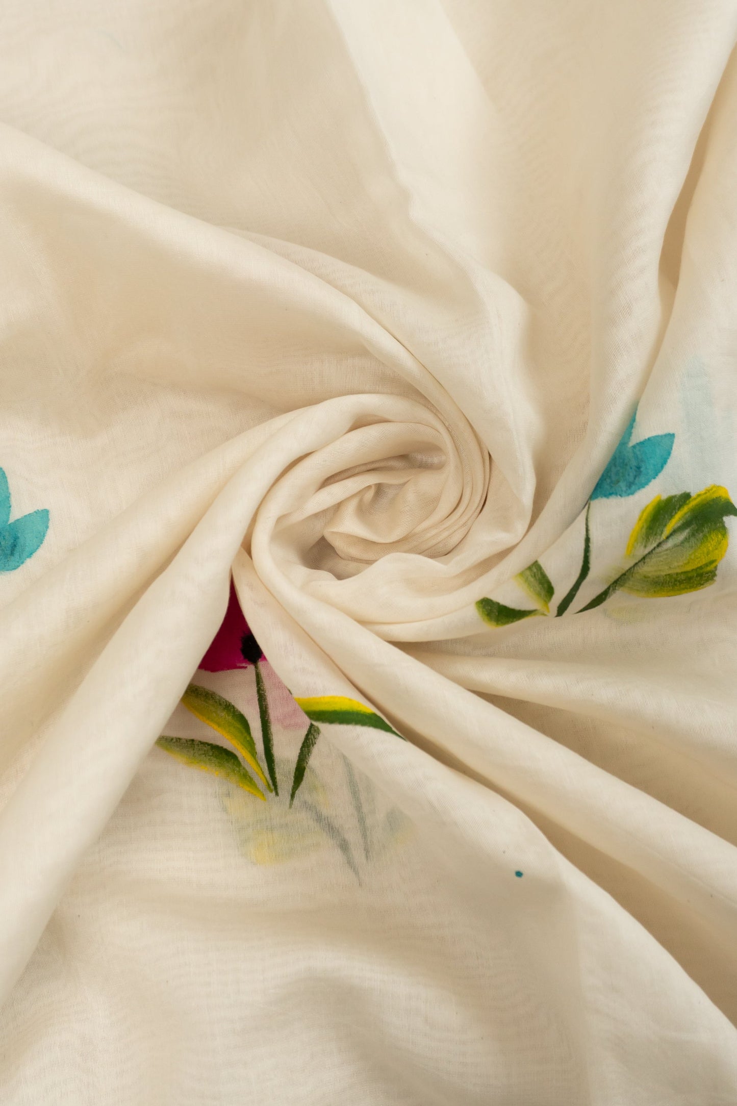 Natural White Cotton Mull Hand-Painted Saree with Lurex Tissue Piping, Facing, and Multi-Colored Tassels on Saree and Blouse