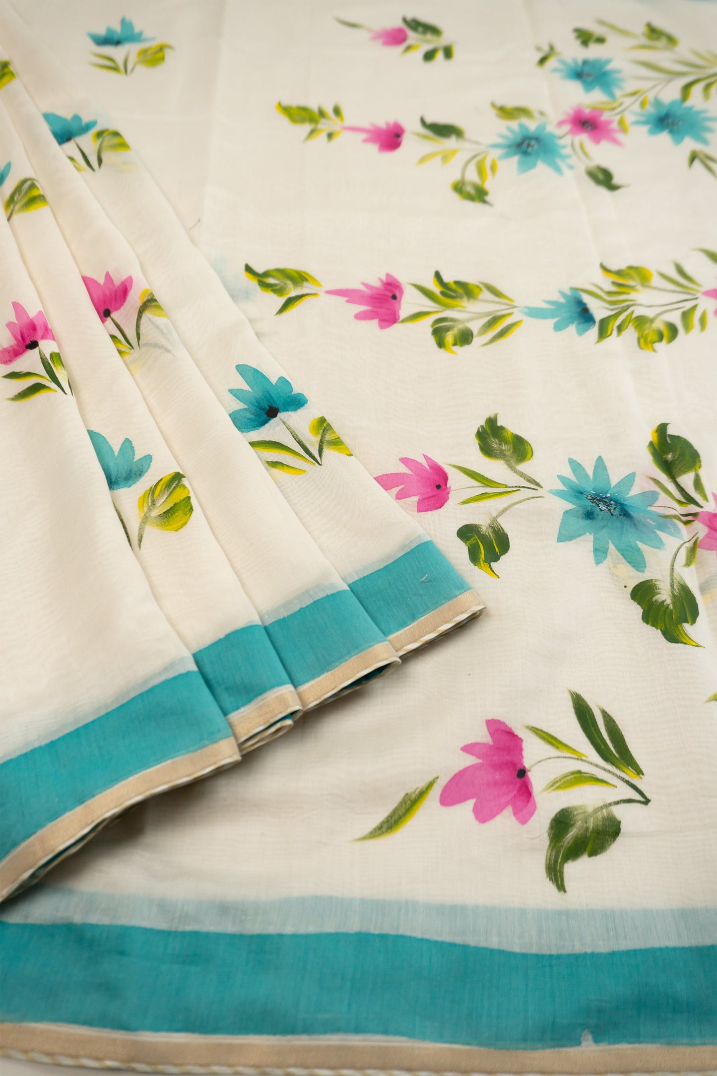Natural White Cotton Mull Hand-Painted Saree with Lurex Tissue Piping, Facing, and Multi-Colored Tassels on Saree and Blouse
