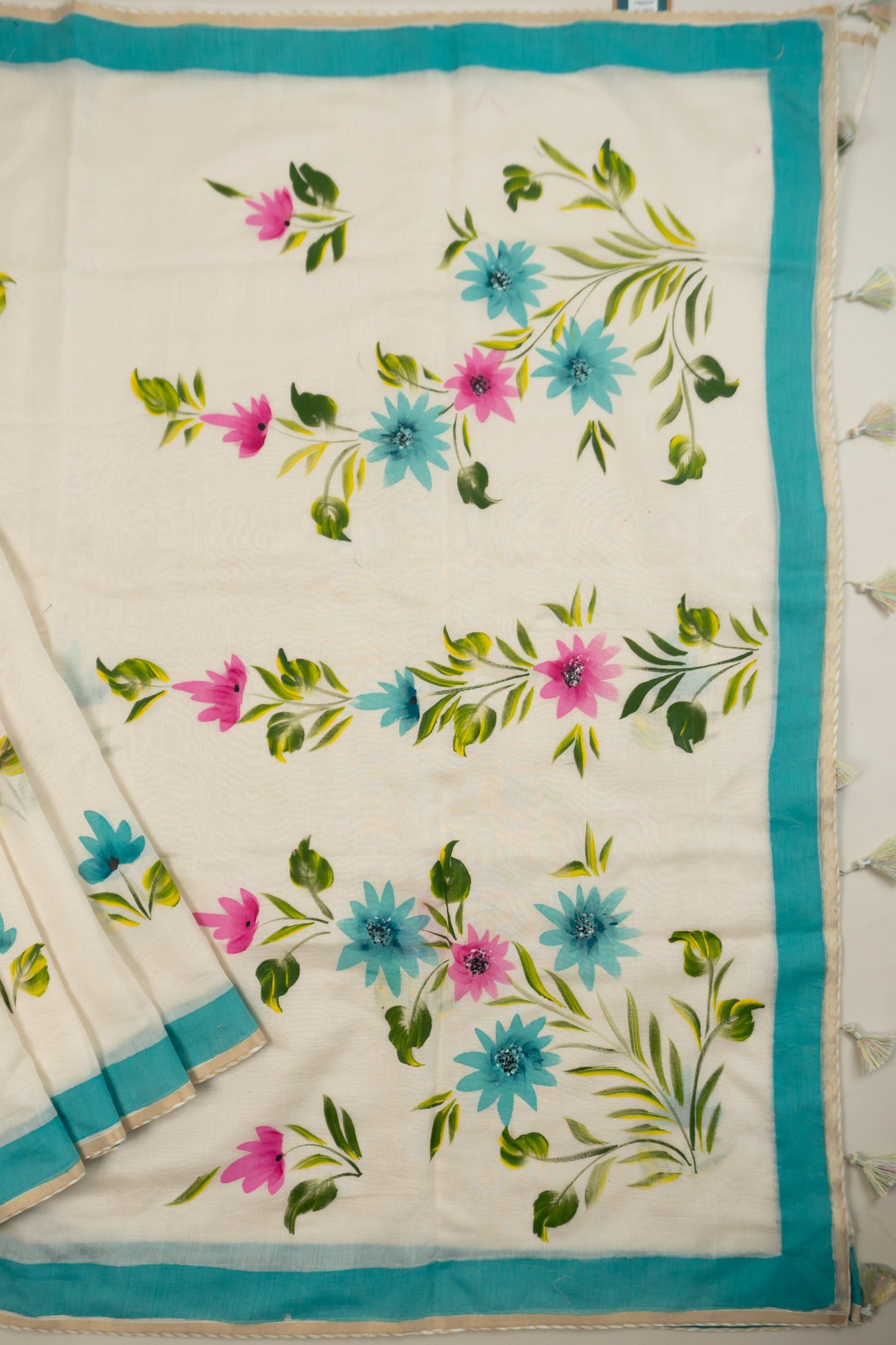 Natural White Cotton Mull Hand-Painted Saree with Lurex Tissue Piping, Facing, and Multi-Colored Tassels on Saree and Blouse