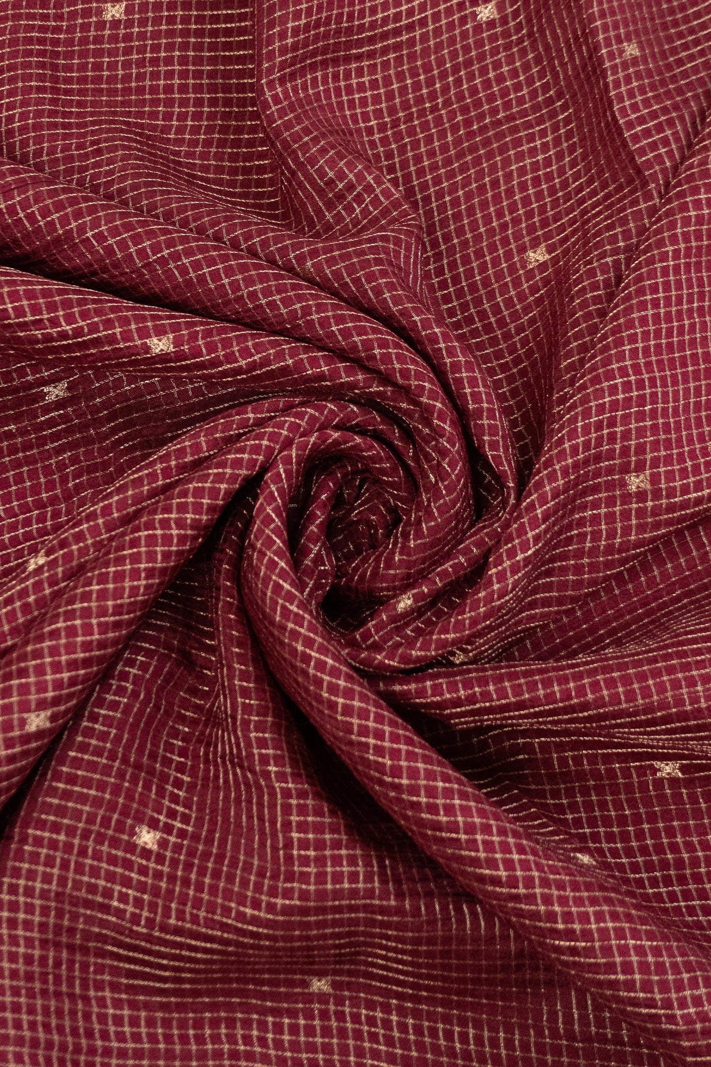 Wine Art Mysore Silk Saree with Small Checks, Golden Border, Plain Silk Facing, and Mirror & Katdana Tassels