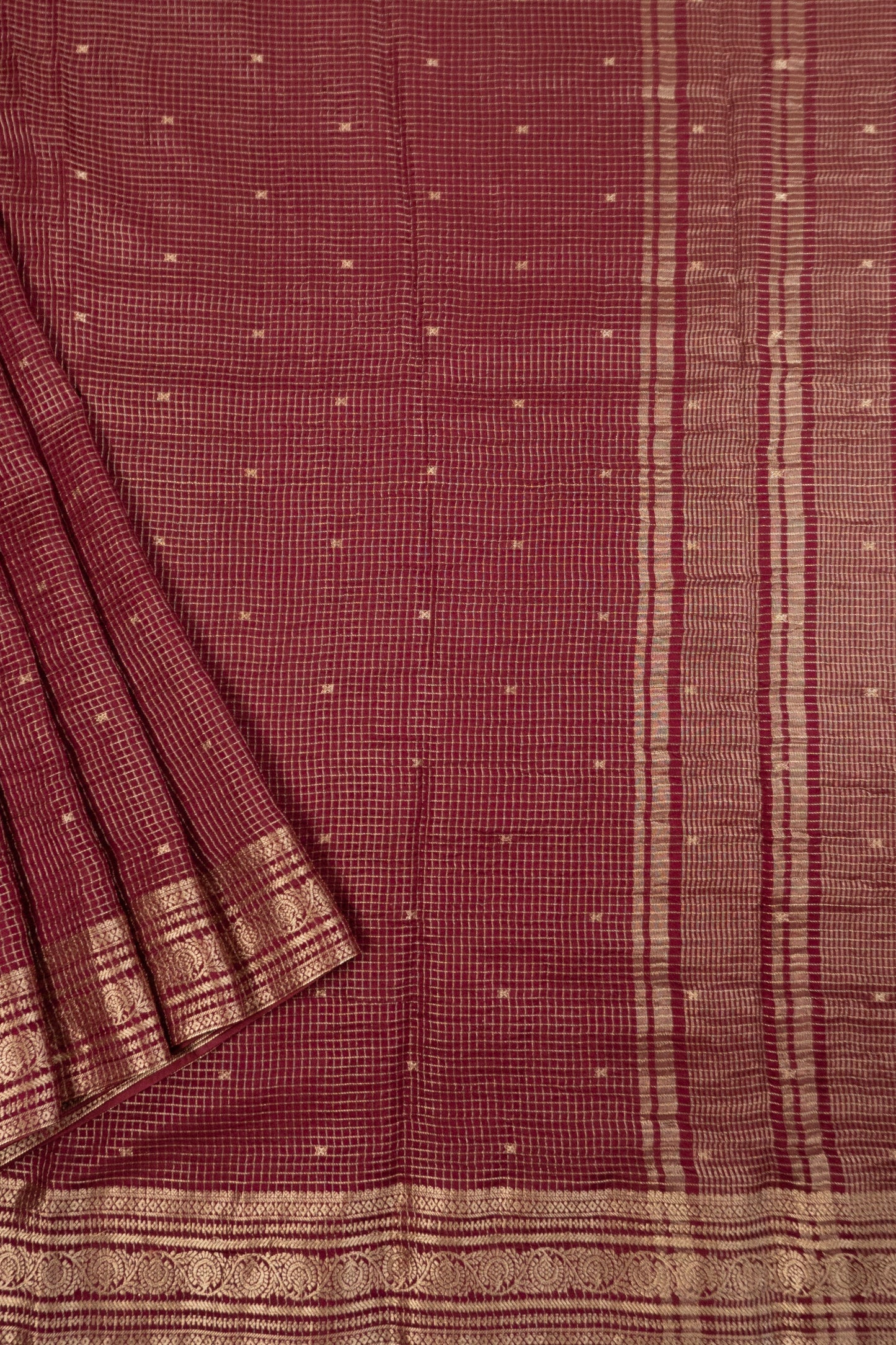 Wine Art Mysore Silk Saree with Small Checks, Golden Border, Plain Silk Facing, and Mirror & Katdana Tassels