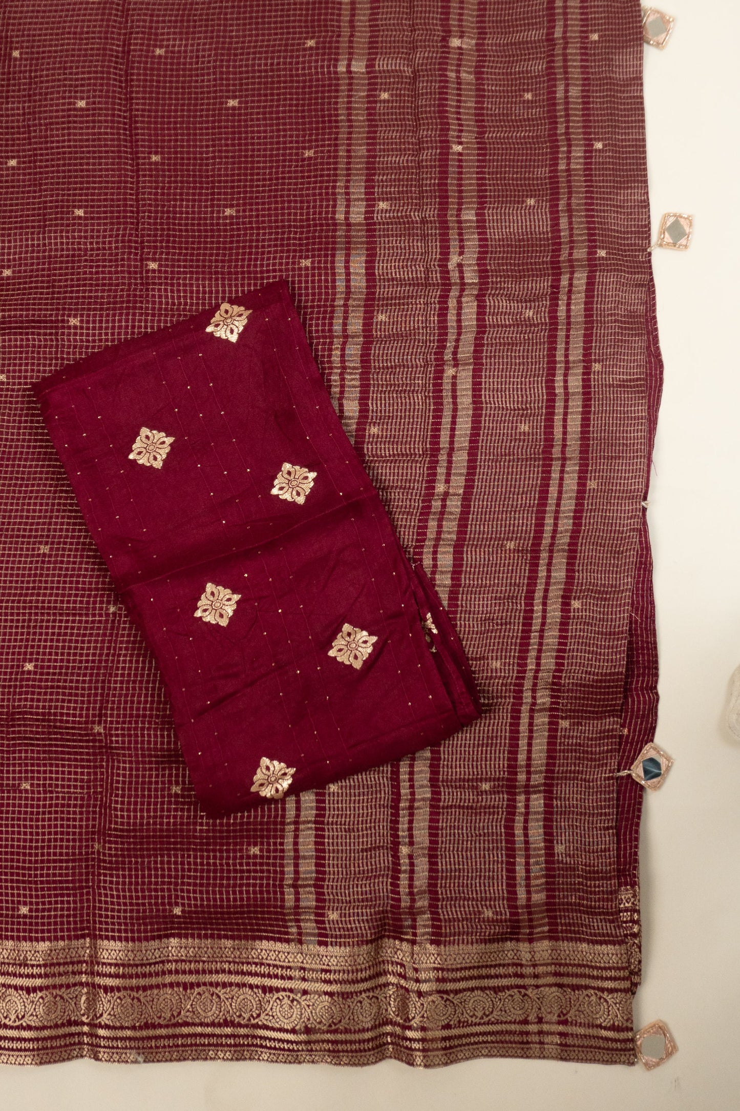 Wine Art Mysore Silk Saree with Small Checks, Golden Border, Plain Silk Facing, and Mirror & Katdana Tassels