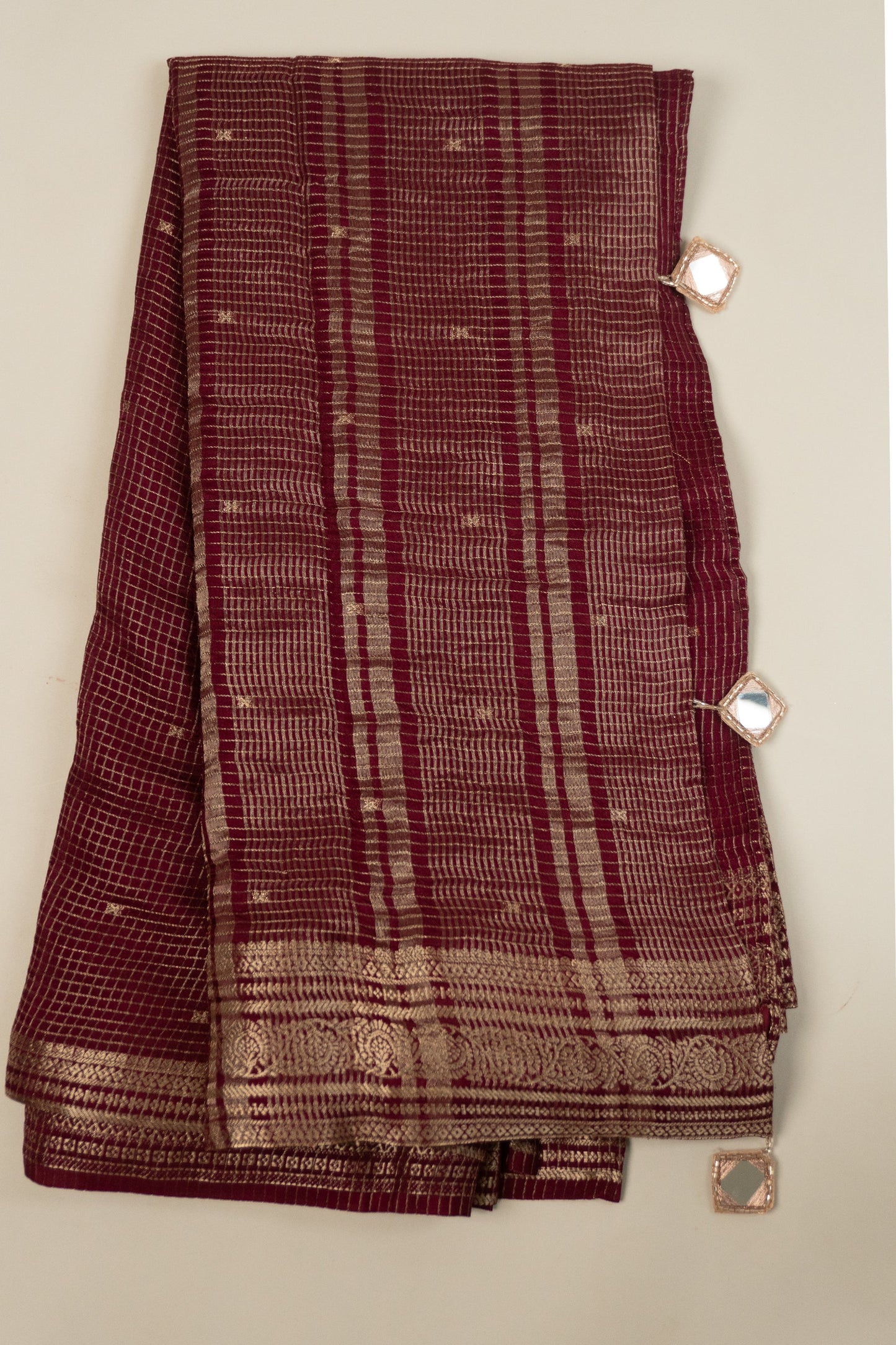 Wine Art Mysore Silk Saree with Small Checks, Golden Border, Plain Silk Facing, and Mirror & Katdana Tassels