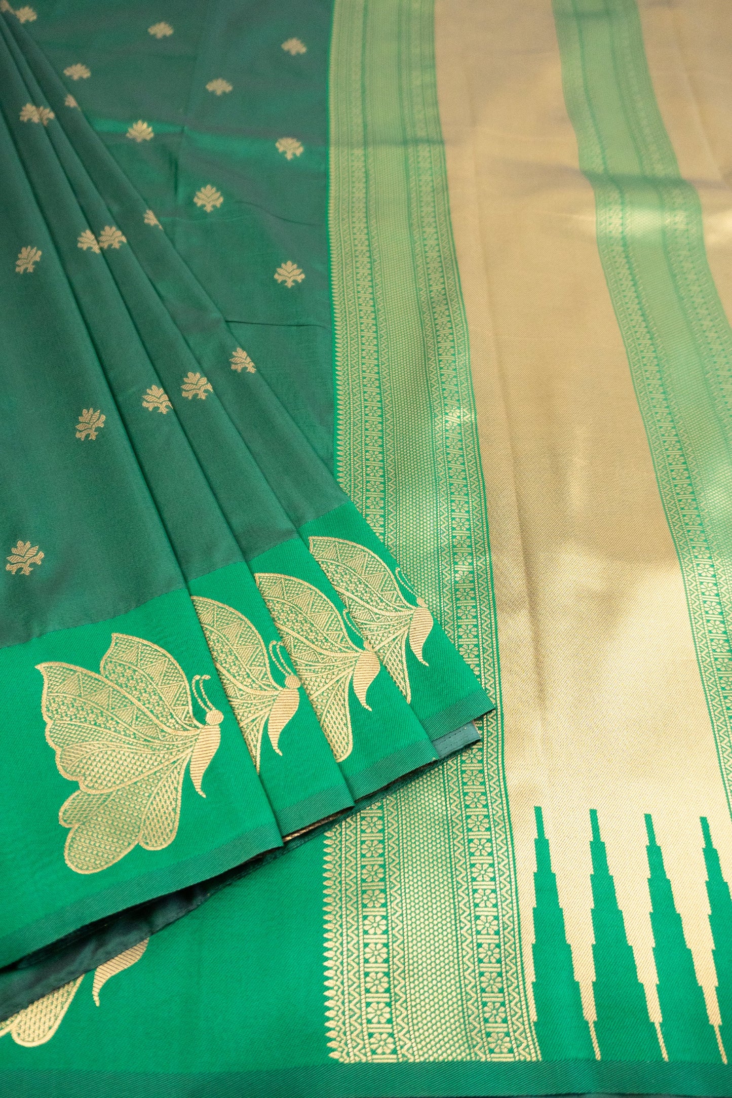 Bottle Green and Red Art Silk Saree with Butterfly Motif on Pallu and Bottom Hem, Featuring 10 Tassels in the Pallu