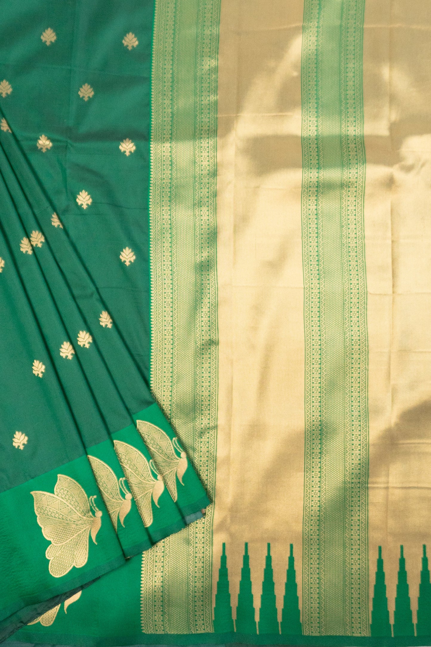 Bottle Green and Red Art Silk Saree with Butterfly Motif on Pallu and Bottom Hem, Featuring 10 Tassels in the Pallu