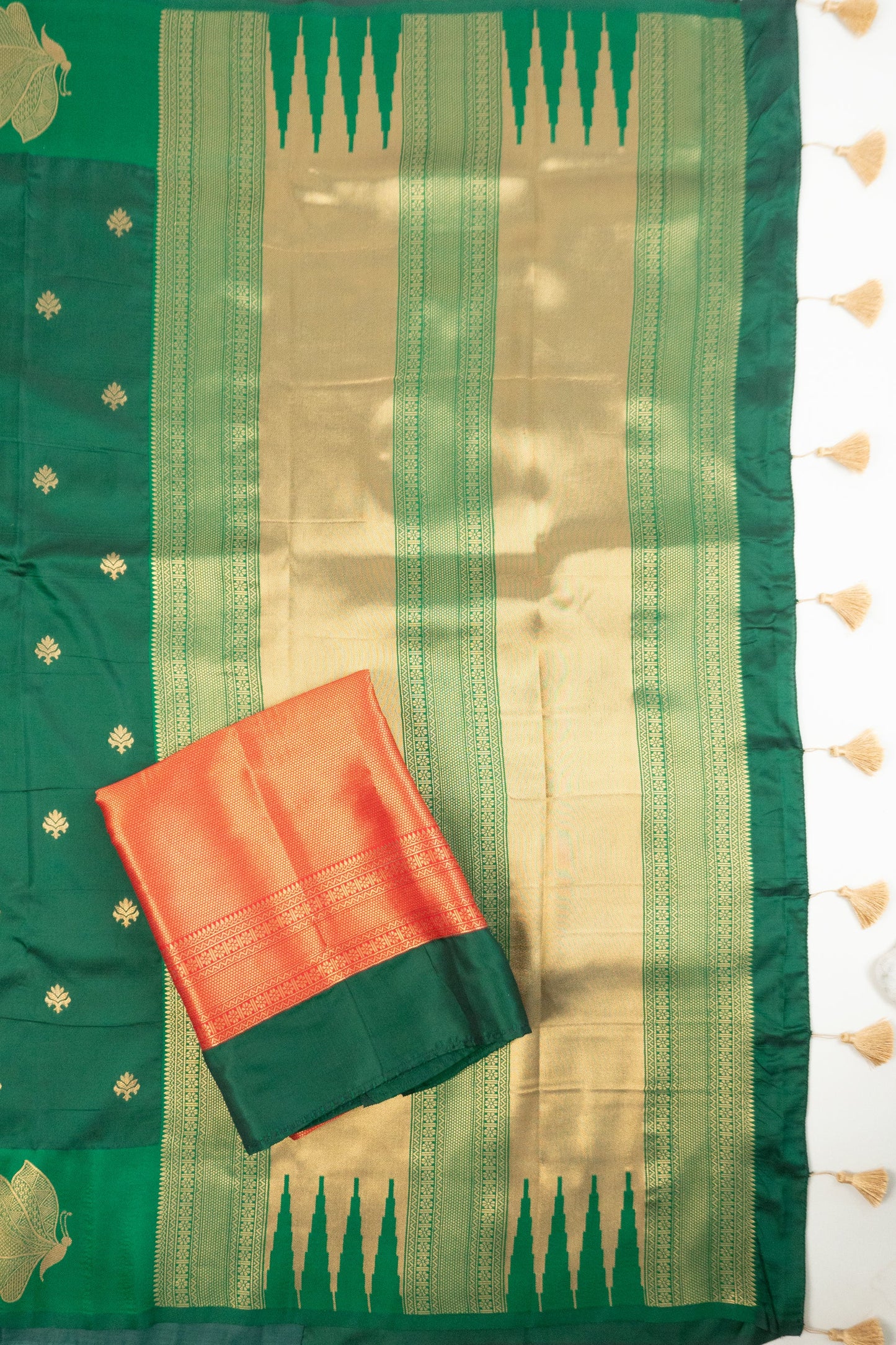 Bottle Green and Red Art Silk Saree with Butterfly Motif on Pallu and Bottom Hem, Featuring 10 Tassels in the Pallu