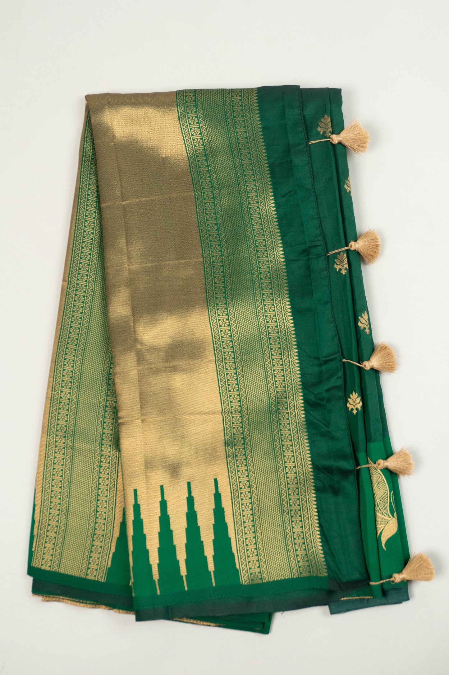 Bottle Green and Red Art Silk Saree with Butterfly Motif on Pallu and Bottom Hem, Featuring 10 Tassels in the Pallu