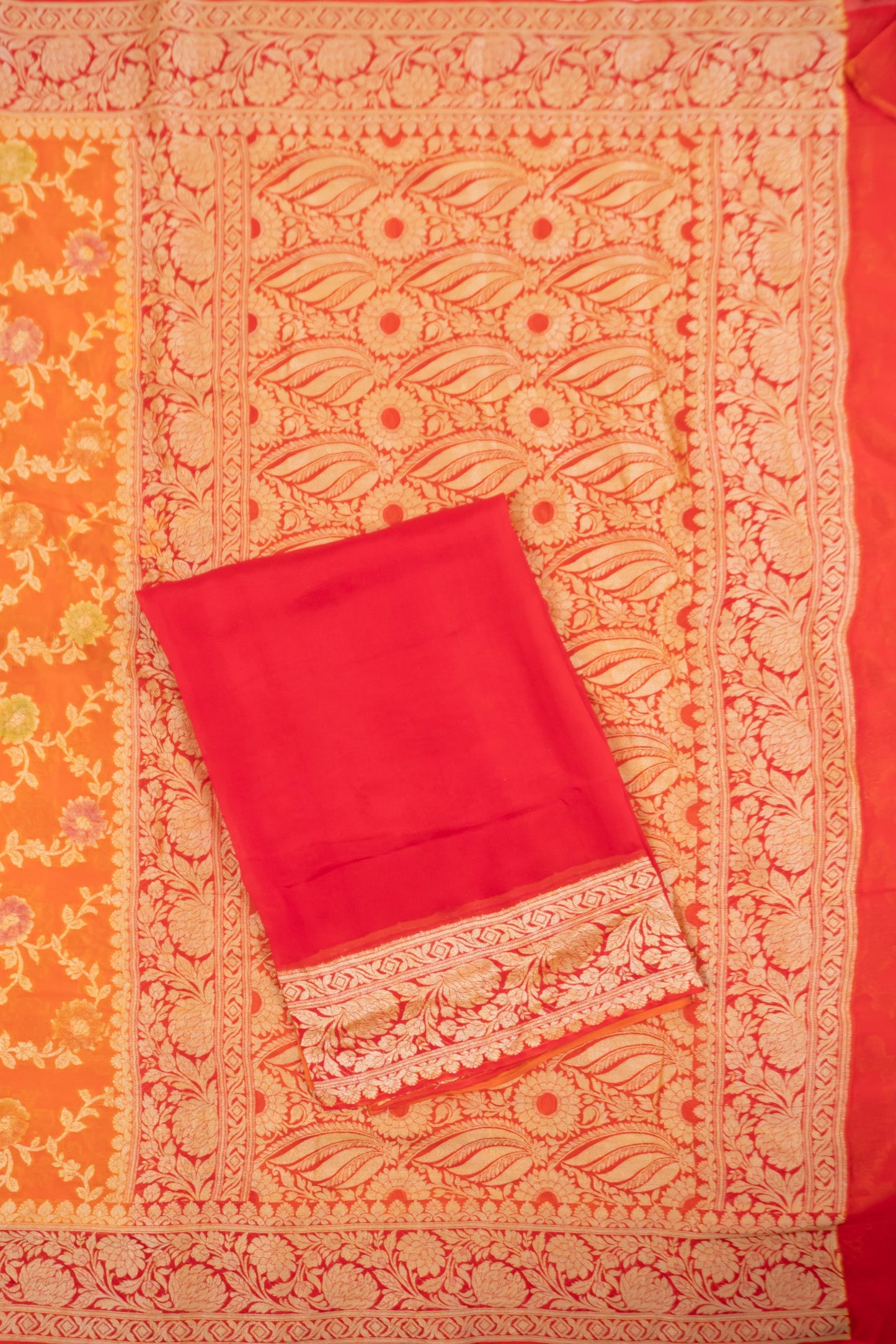 Vibrant Orange and Red Banarasi Silk Saree