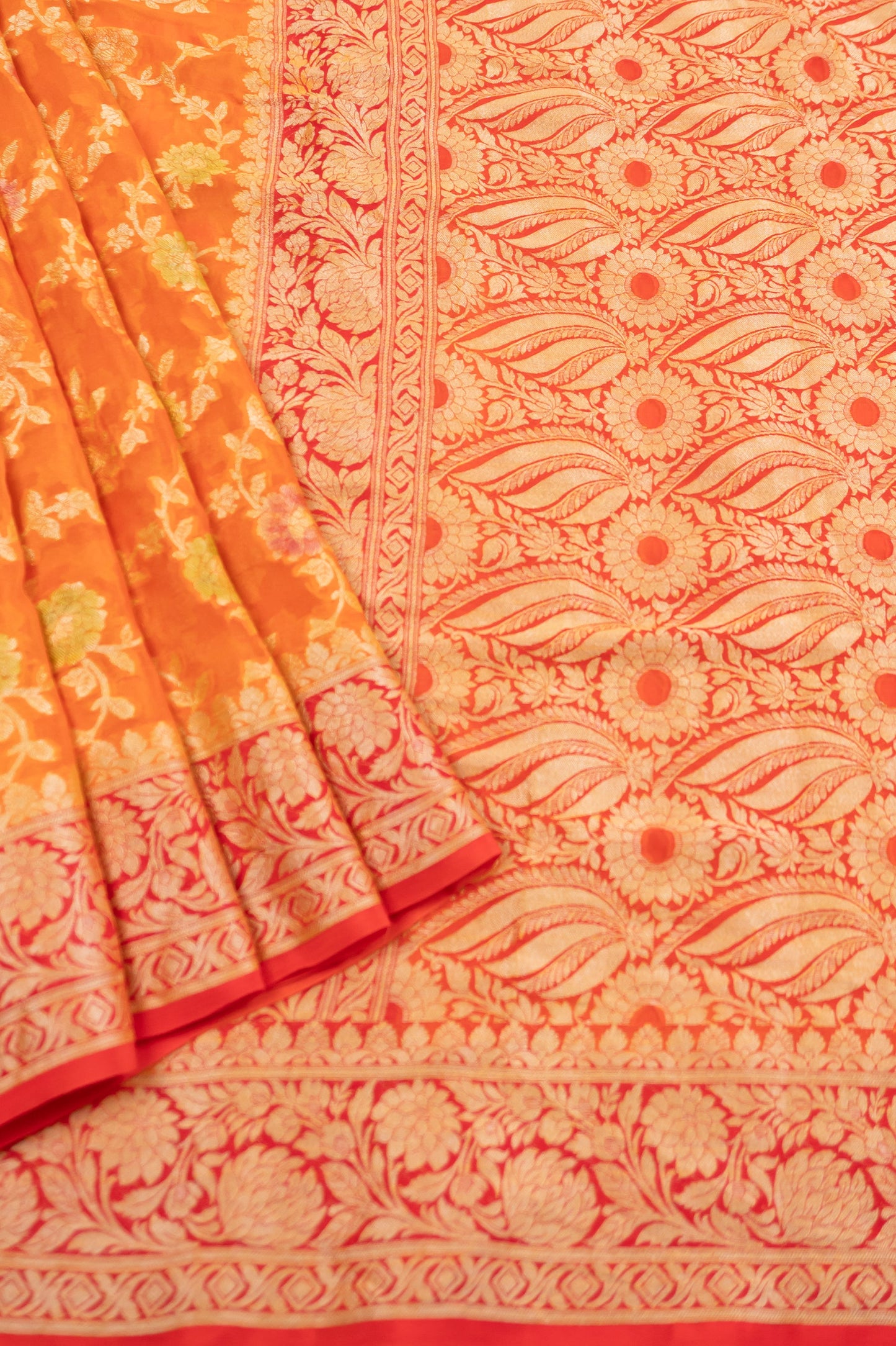 Vibrant Orange and Red Banarasi Silk Saree