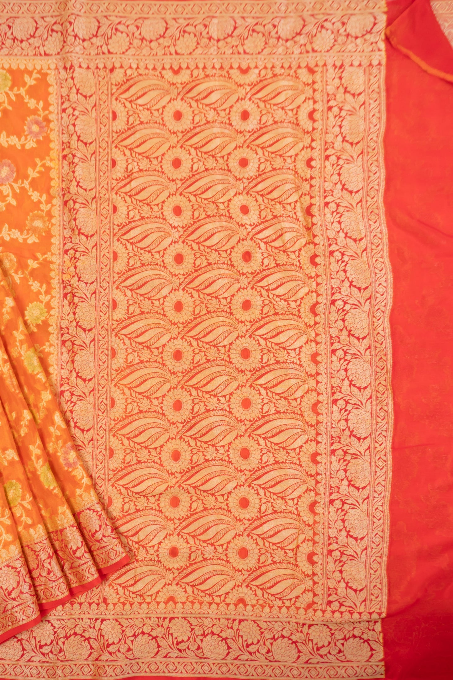 Vibrant Orange and Red Banarasi Silk Saree