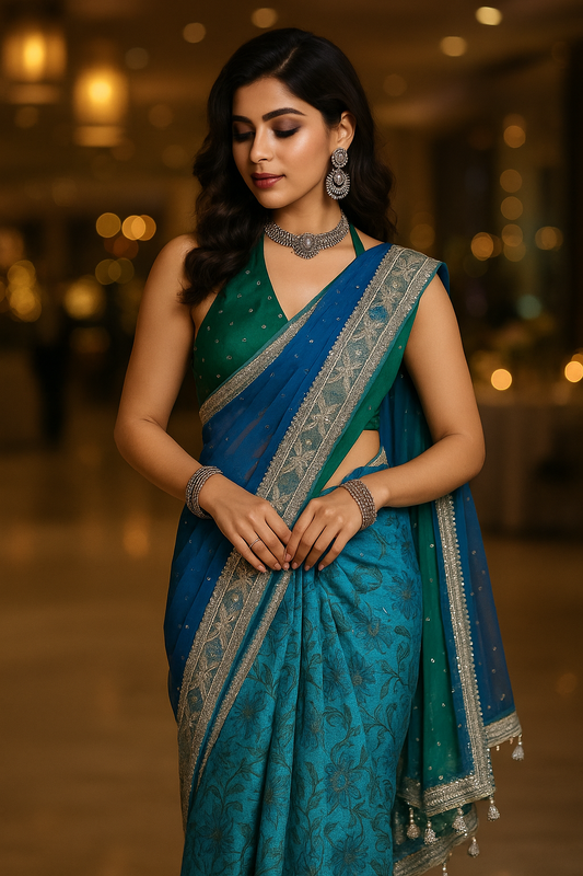 Blue Kota Block Print Saree with Ombre Net, Mukesh Embroidery & Tassels