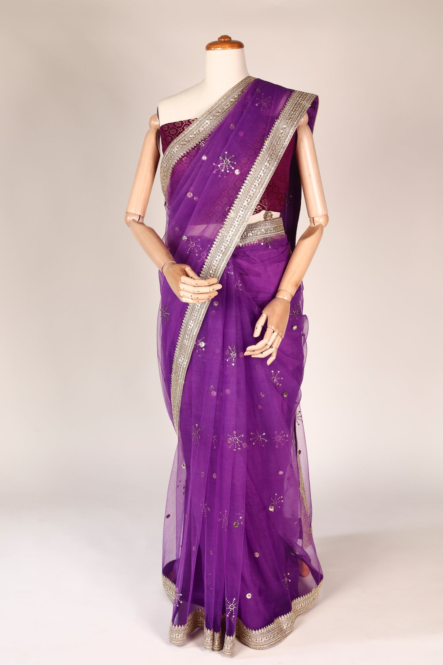 Purple Soft Net Saree with Mukesh Work, Pani Gold Lace & Katdana Star Tassels