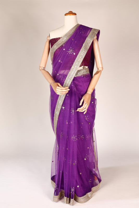 Purple Soft Net Saree with Mukesh Work, Pani Gold Lace & Katdana Star Tassels