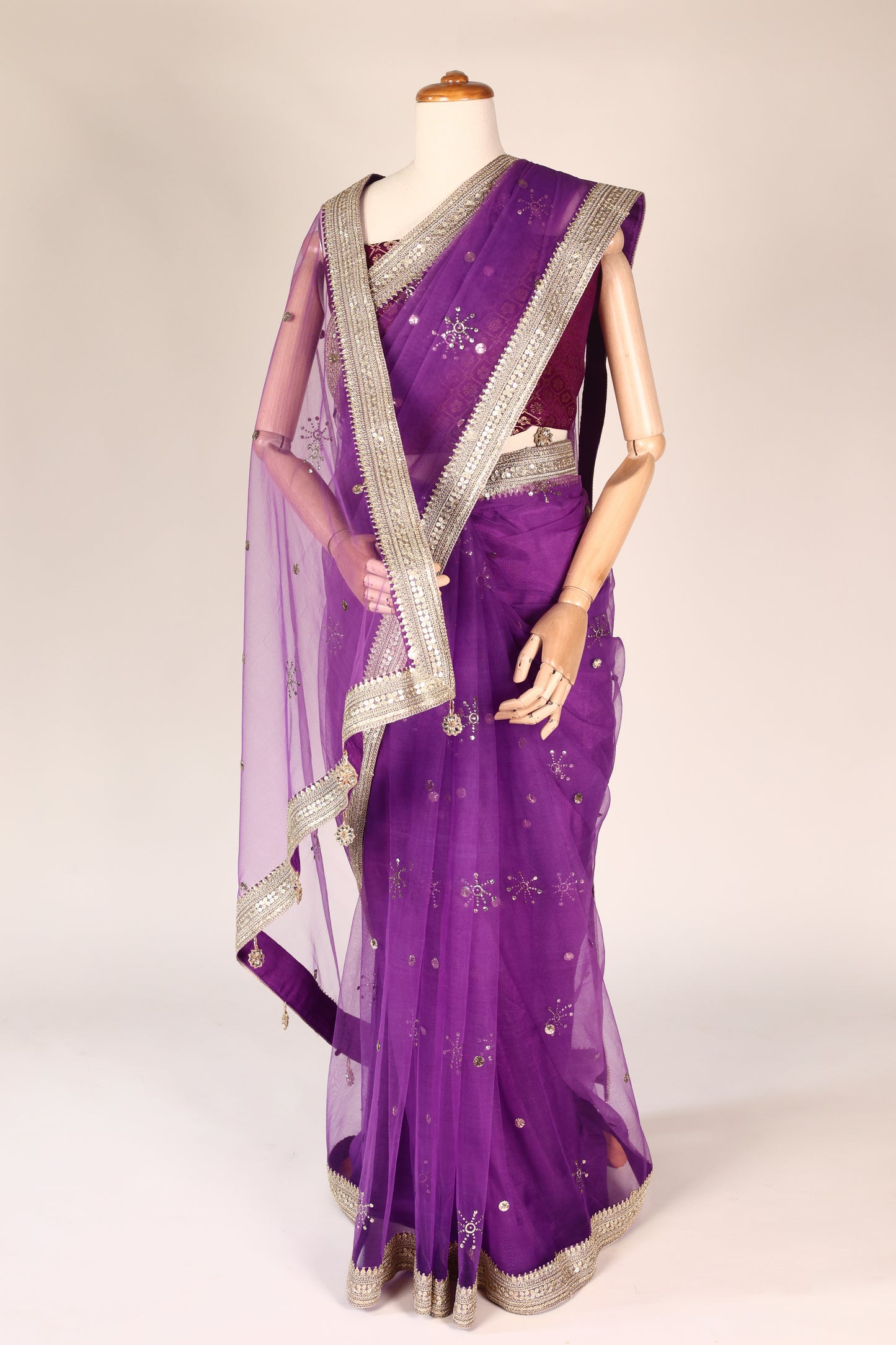 Purple Soft Net Saree with Mukesh Work, Pani Gold Lace & Katdana Star Tassels