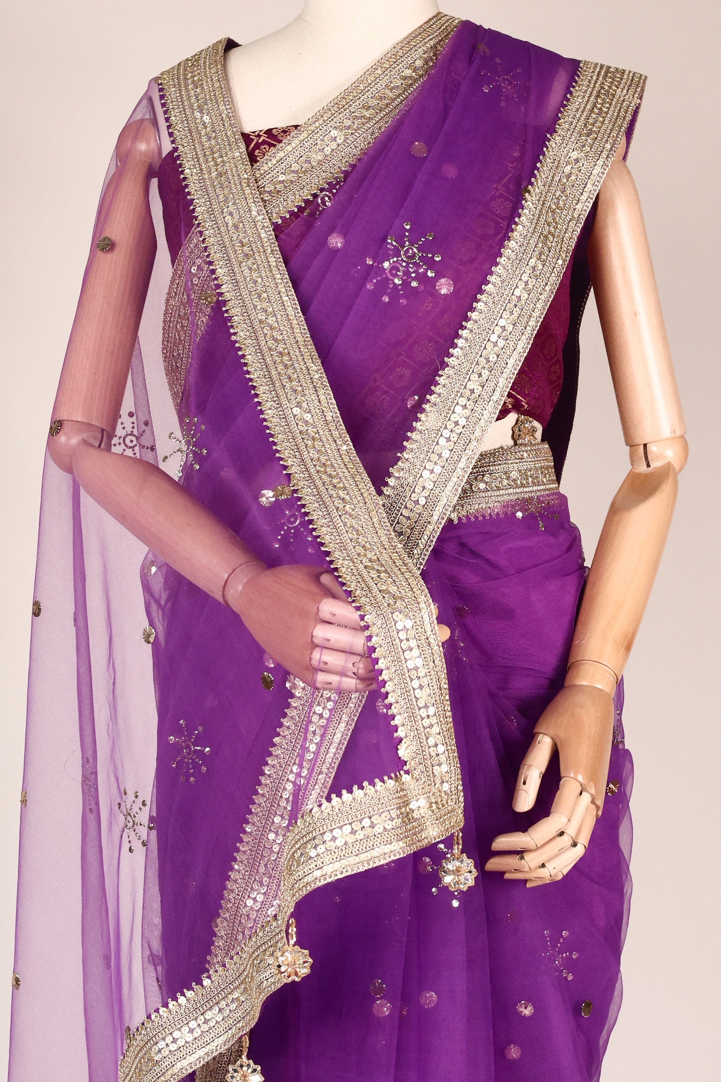 Purple Soft Net Saree with Mukesh Work, Pani Gold Lace & Katdana Star Tassels