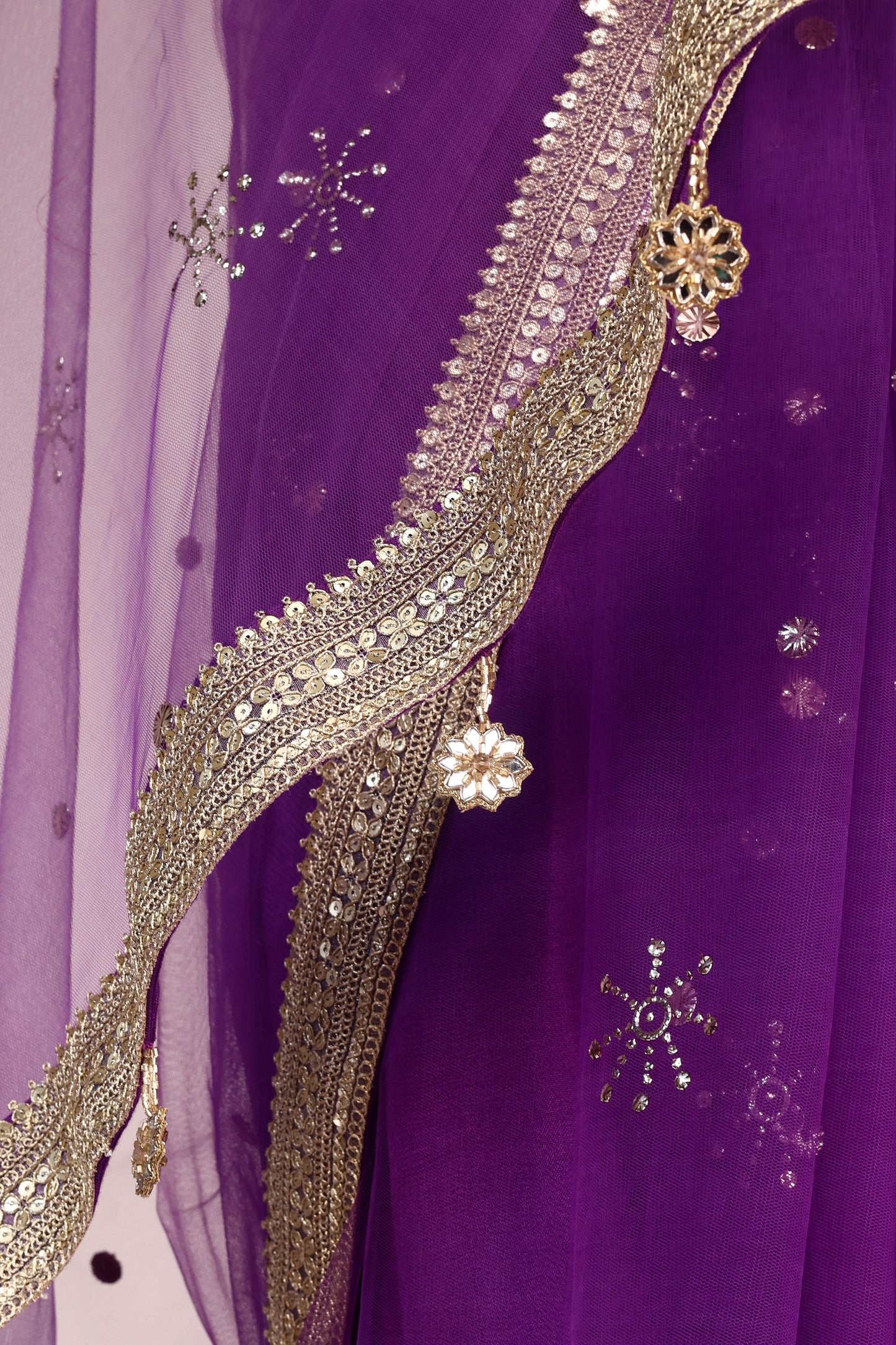 Purple Soft Net Saree with Mukesh Work, Pani Gold Lace & Katdana Star Tassels