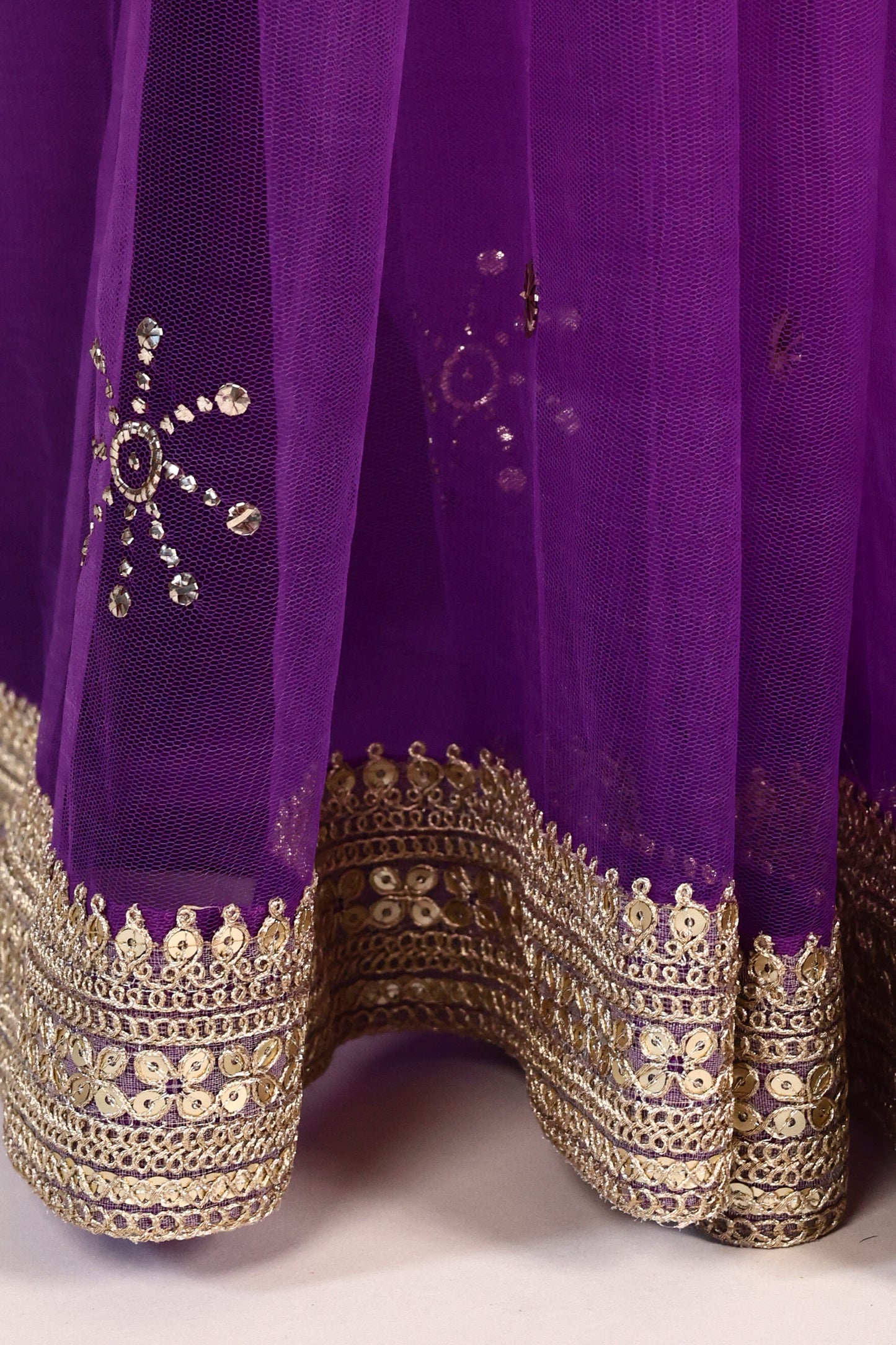 Purple Soft Net Saree with Mukesh Work, Pani Gold Lace & Katdana Star Tassels