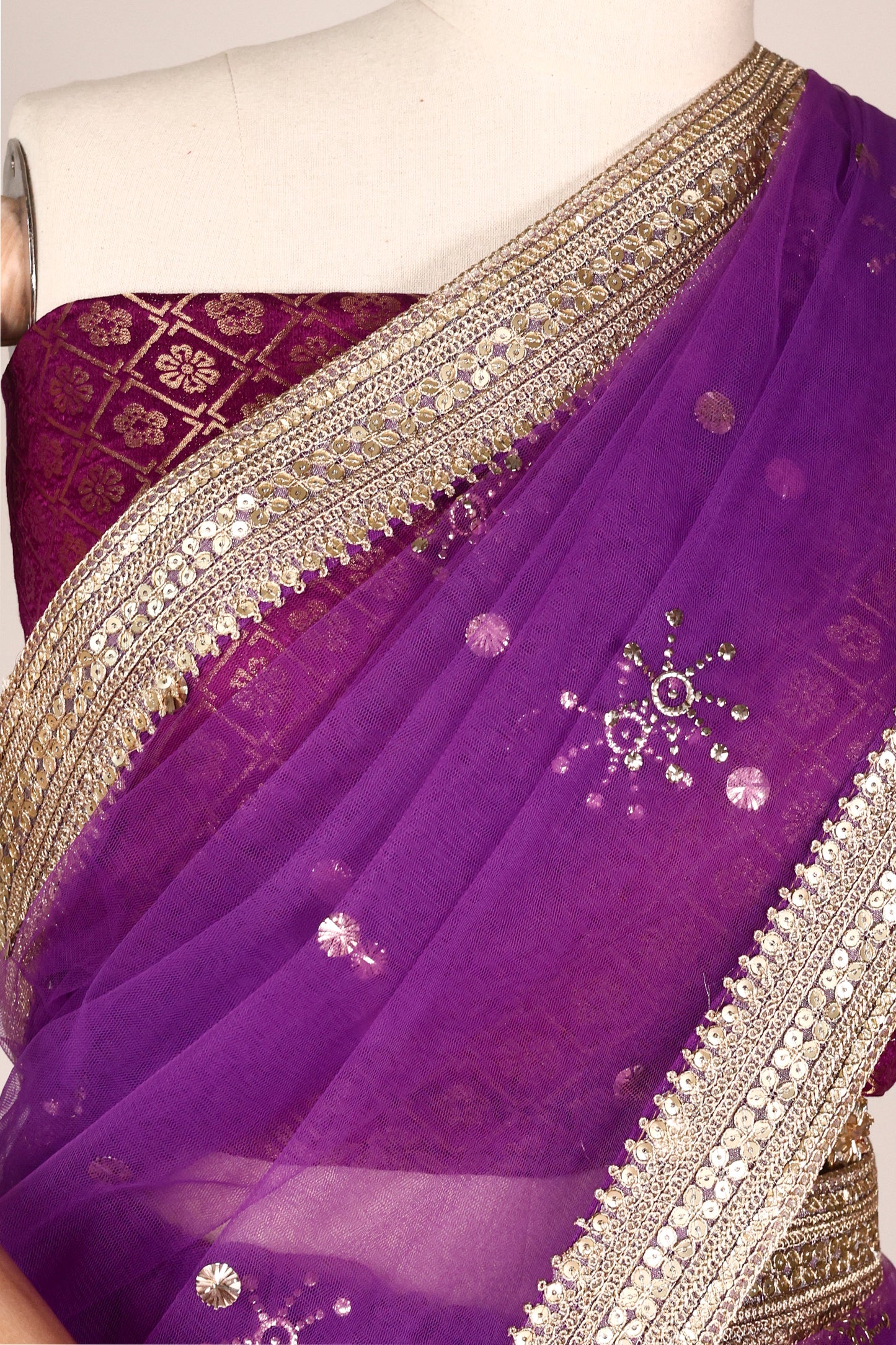 Purple Soft Net Saree with Mukesh Work, Pani Gold Lace & Katdana Star Tassels