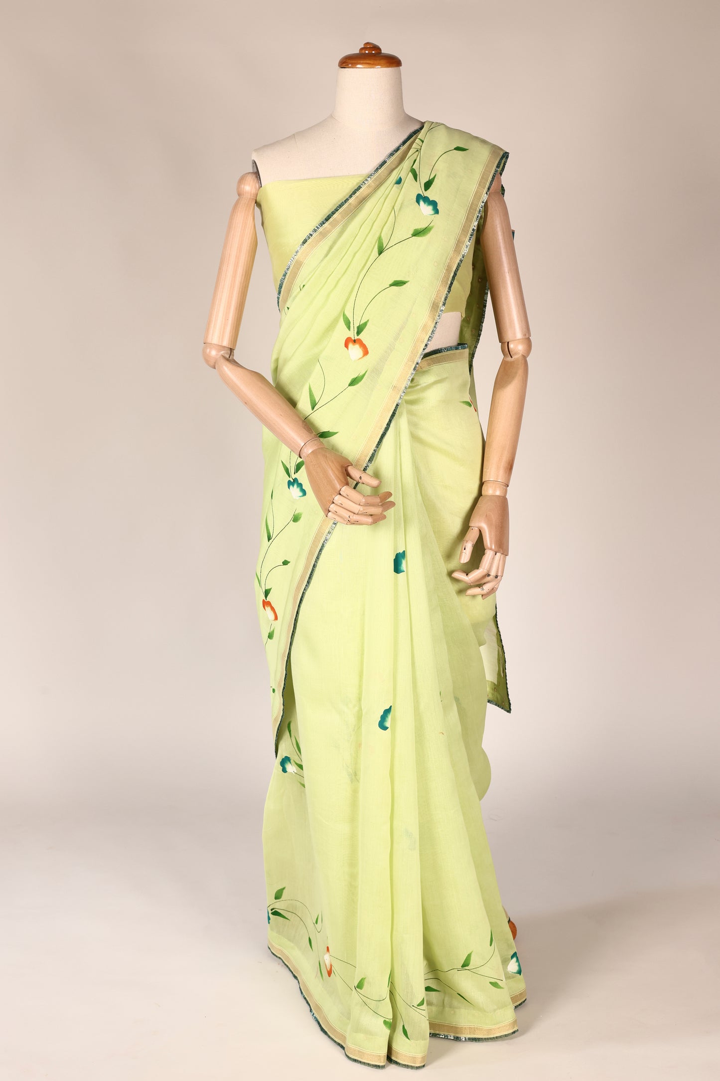 Lime Green Hand‑Painted Cotton Saree with Lurex Lace Borders & Brocade Accents