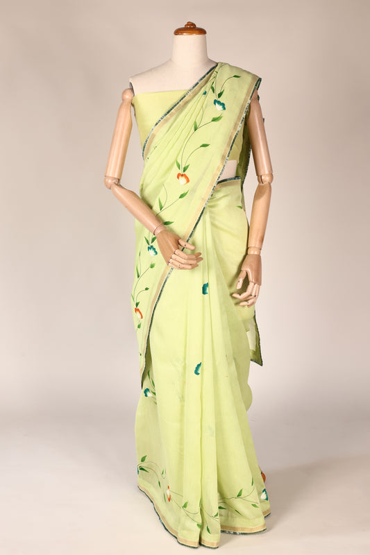 Lime Green Hand‑Painted Cotton Saree with Lurex Lace Borders & Brocade Accents