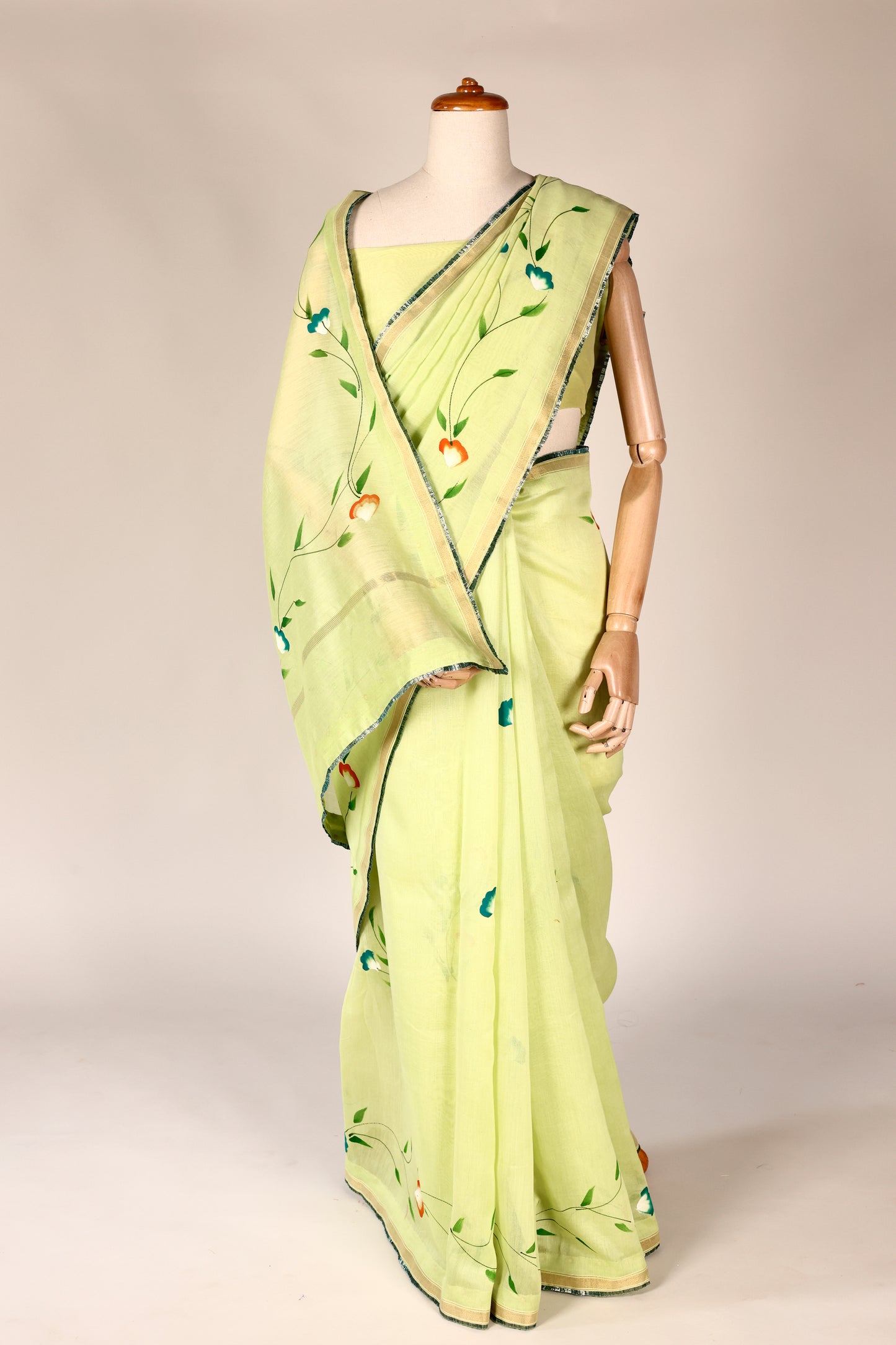 Lime Green Hand‑Painted Cotton Saree with Lurex Lace Borders & Brocade Accents