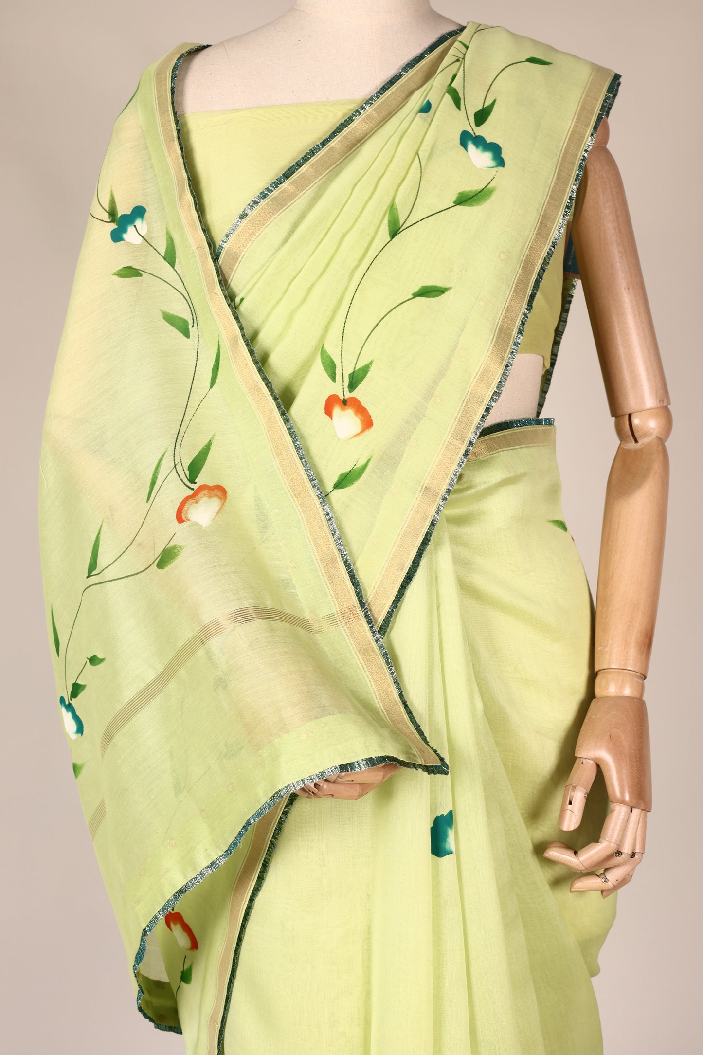 Lime Green Hand‑Painted Cotton Saree with Lurex Lace Borders & Brocade Accents