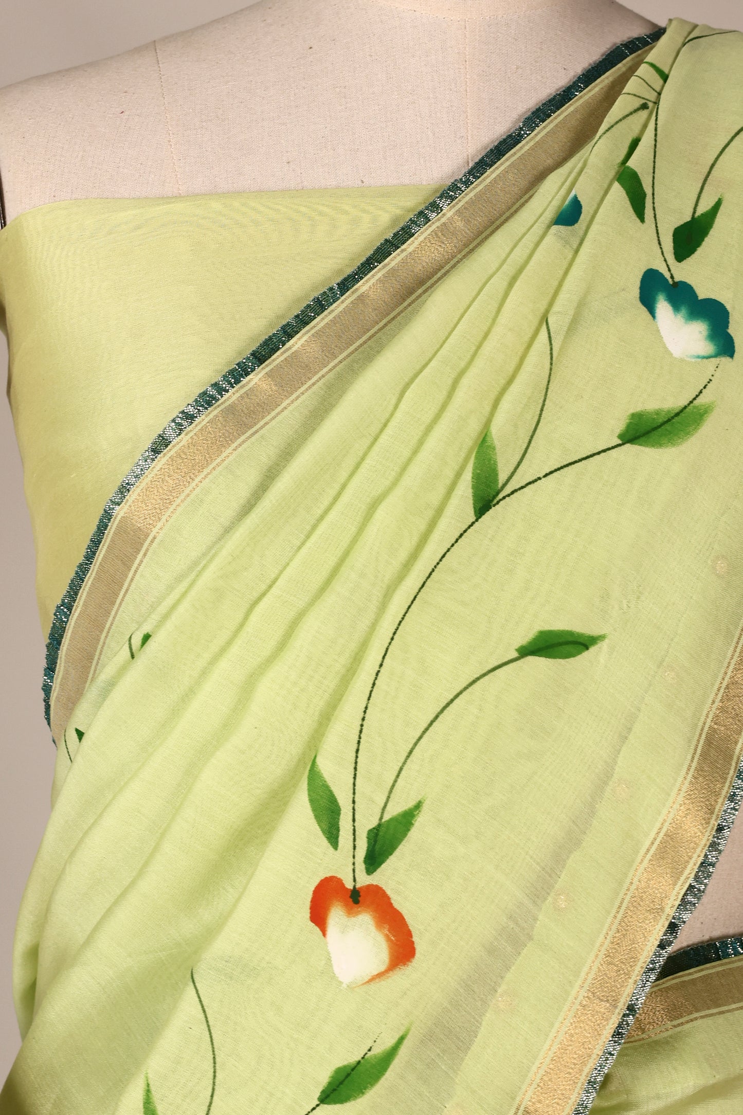 Lime Green Hand‑Painted Cotton Saree with Lurex Lace Borders & Brocade Accents