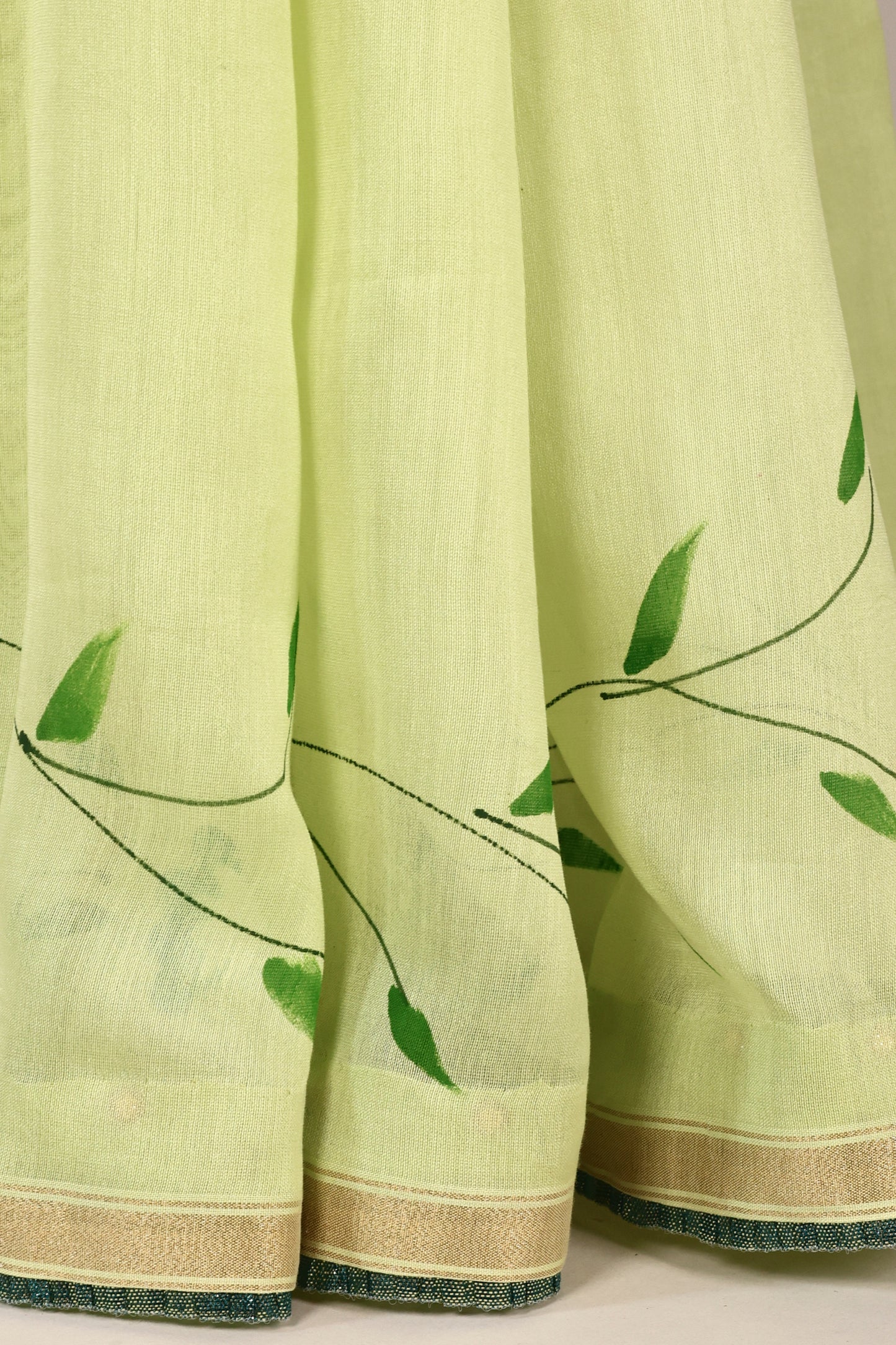 Lime Green Hand‑Painted Cotton Saree with Lurex Lace Borders & Brocade Accents