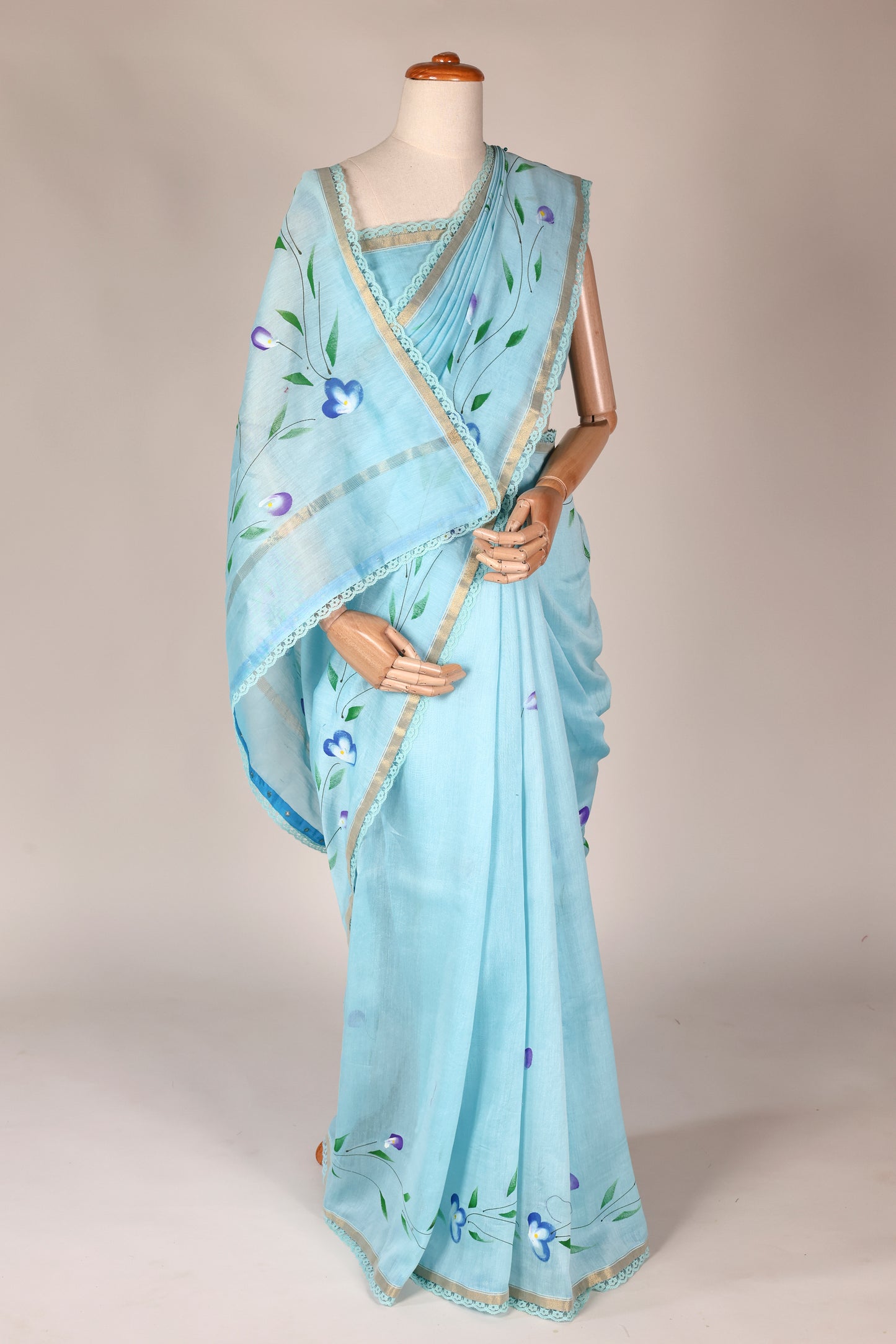 Sky Blue Hand‑Painted Cotton Saree with Lace Borders & Brocade Facing