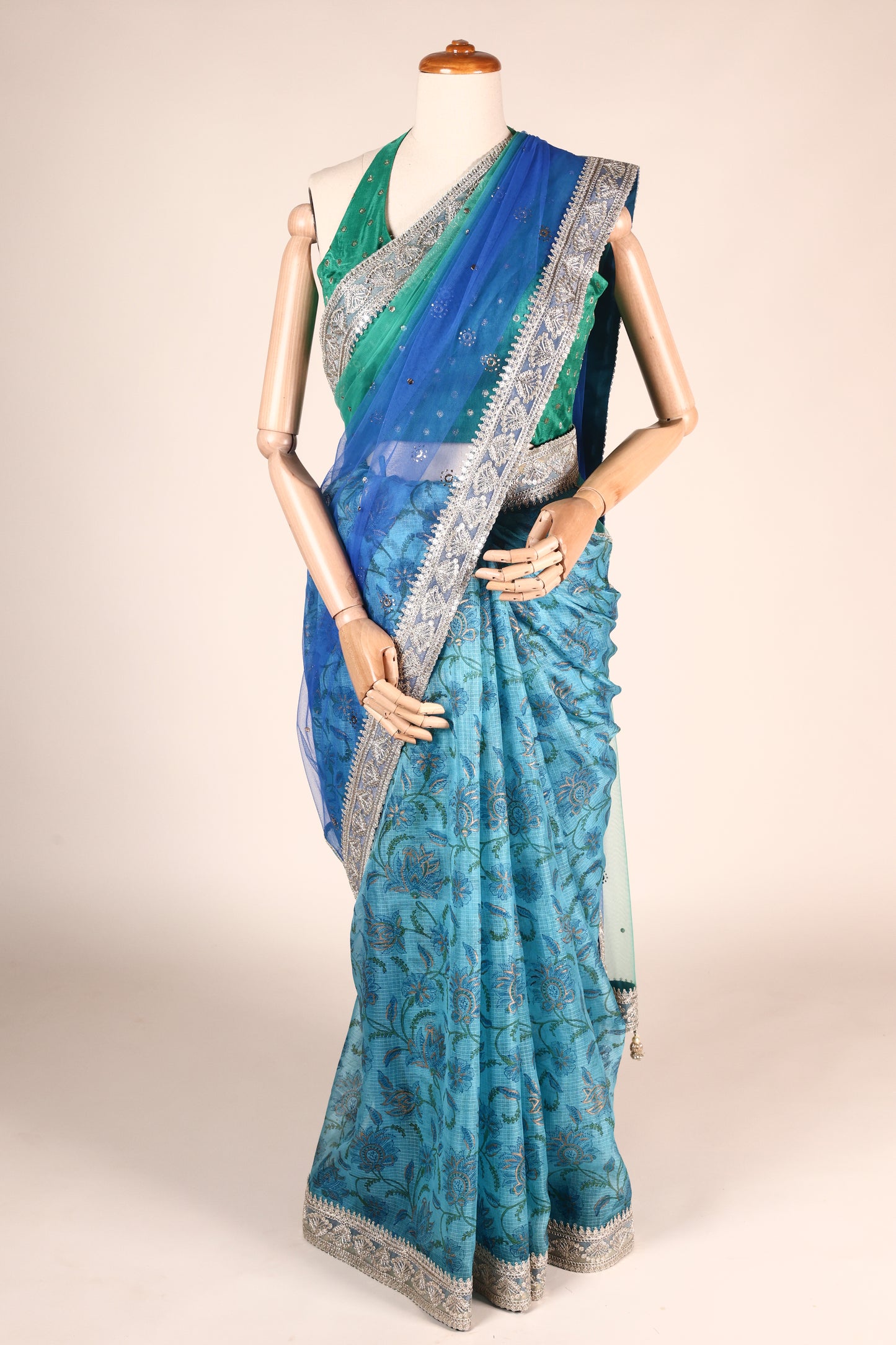 Blue Kota Block Print Saree with Ombre Net, Mukesh Embroidery & Tassels