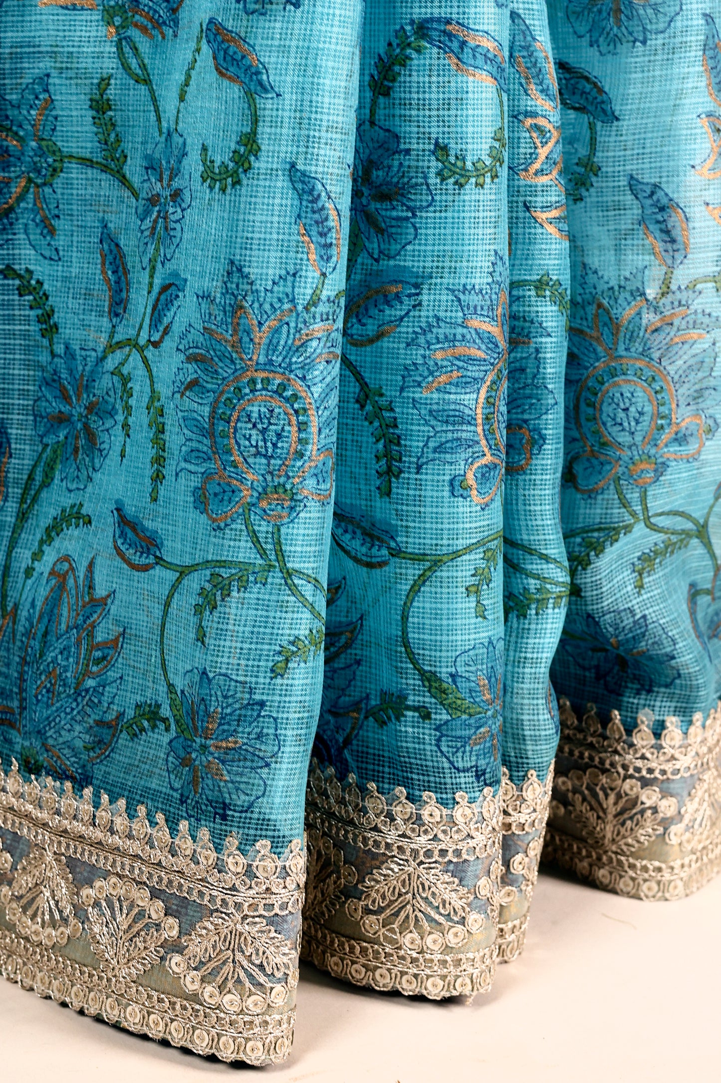 Blue Kota Block Print Saree with Ombre Net, Mukesh Embroidery & Tassels