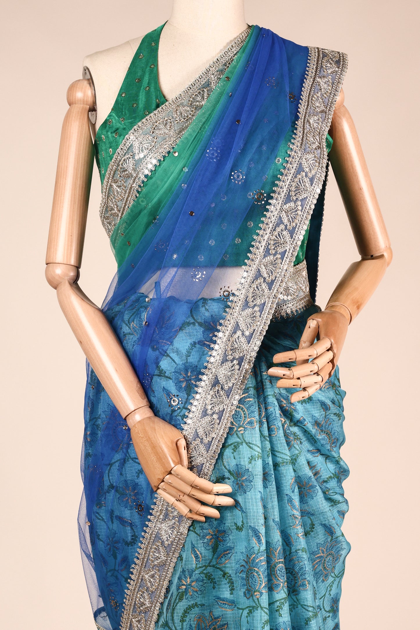 Blue Kota Block Print Saree with Ombre Net, Mukesh Embroidery & Tassels