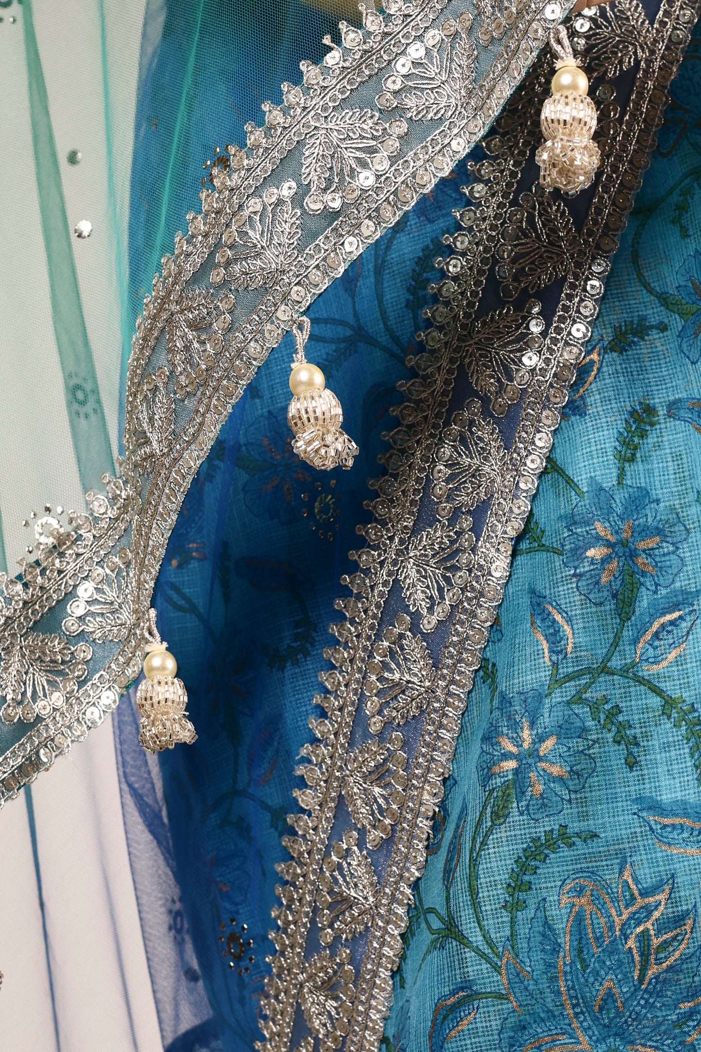 Blue Kota Block Print Saree with Ombre Net, Mukesh Embroidery & Tassels