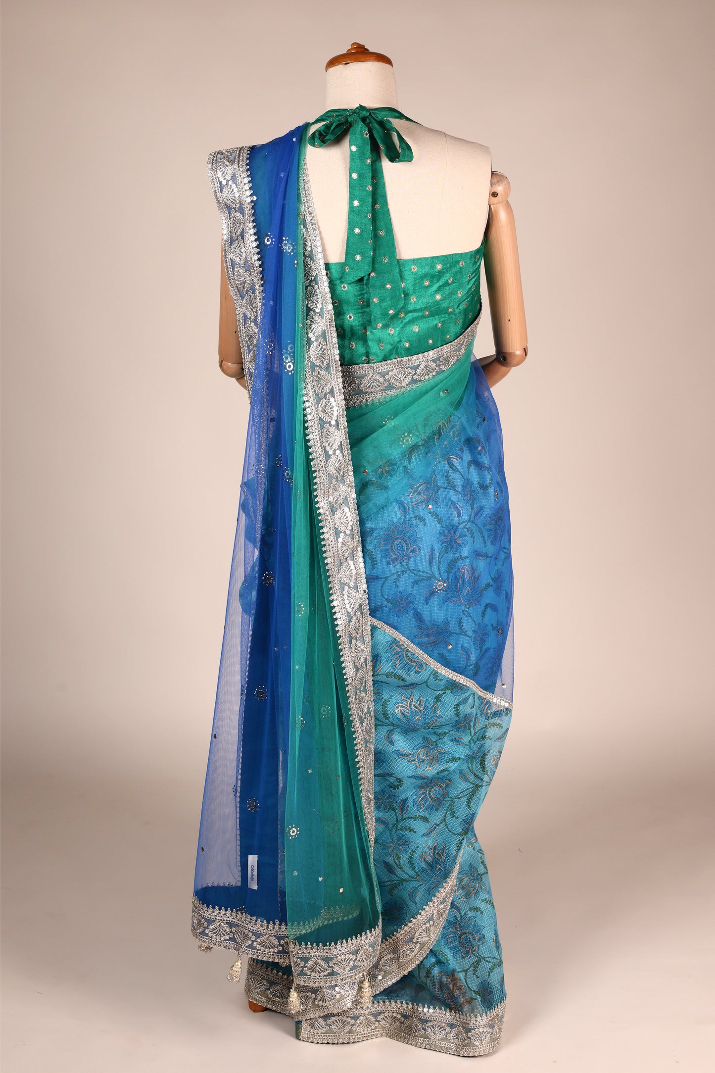 Blue Kota Block Print Saree with Ombre Net, Mukesh Embroidery & Tassels