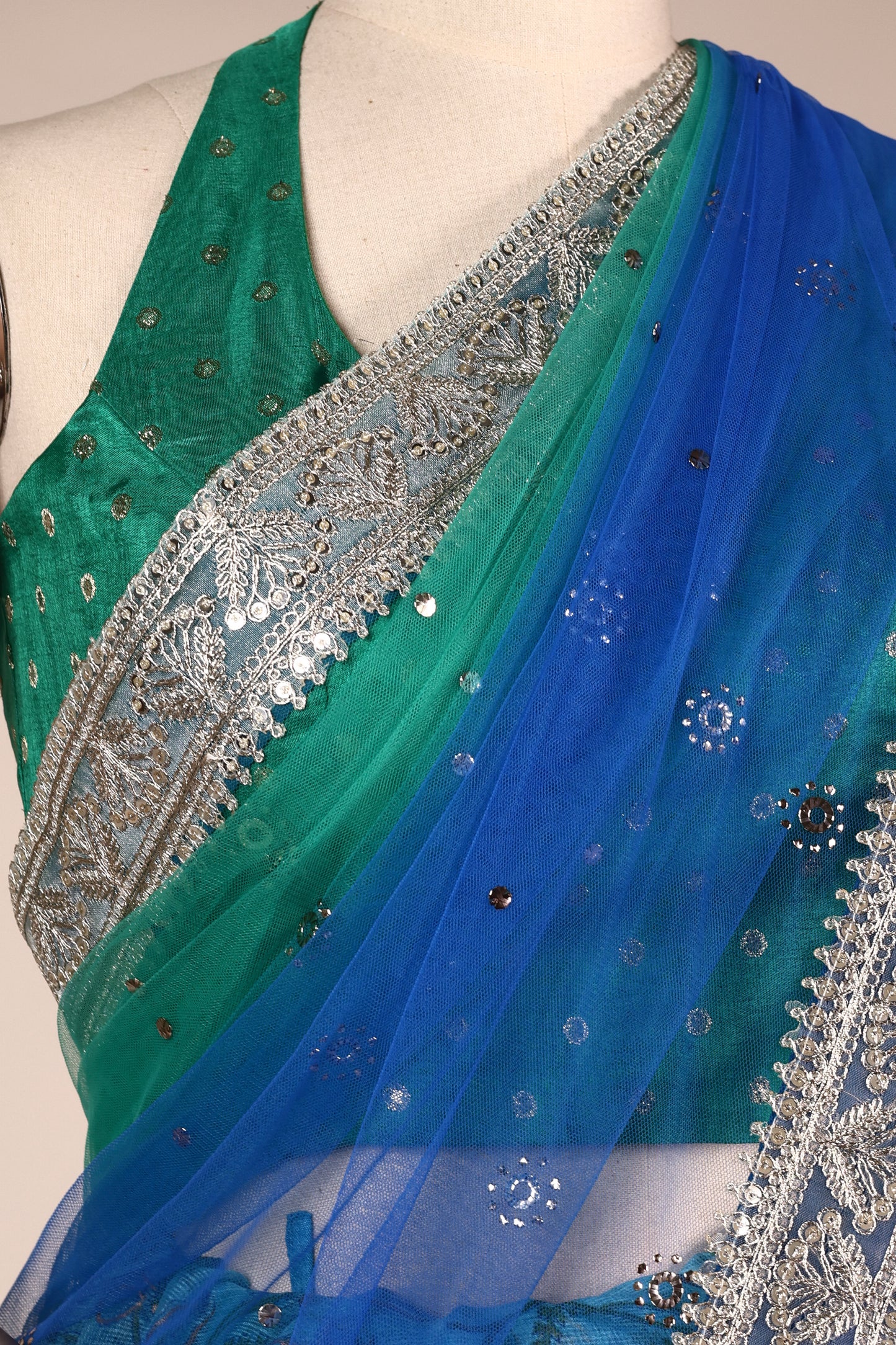 Blue Kota Block Print Saree with Ombre Net, Mukesh Embroidery & Tassels