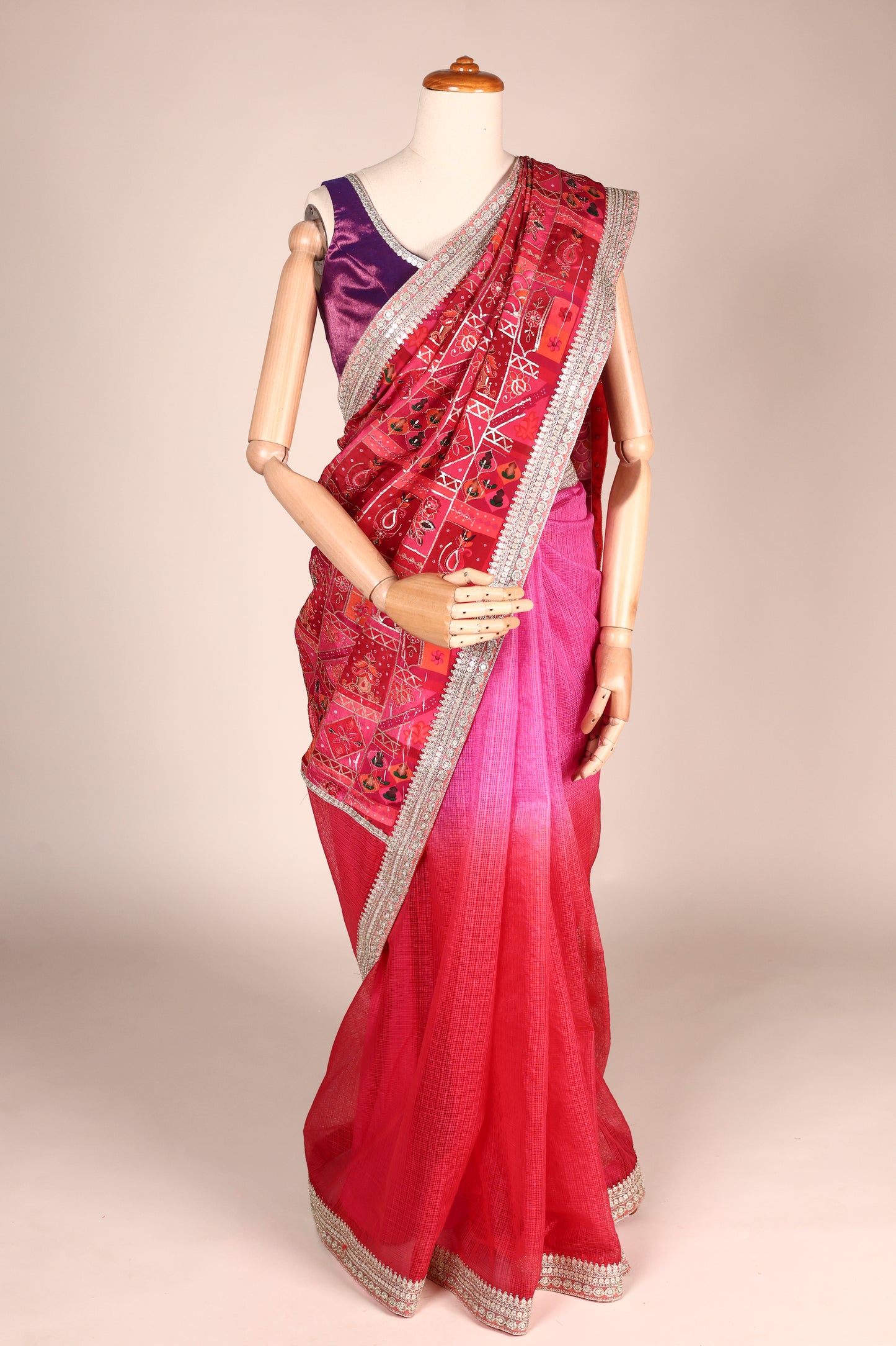 Multicolour Ombre Kota Saree with Embroidered Pallu, Lace & Tassel Detailing