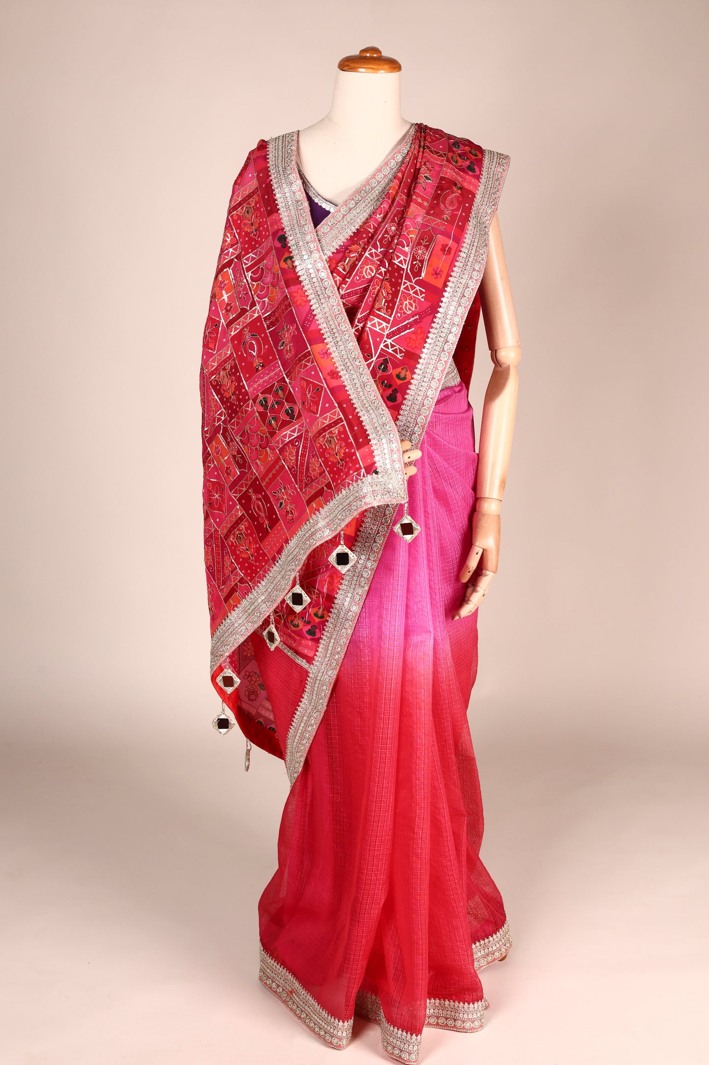 Multicolour Ombre Kota Saree with Embroidered Pallu, Lace & Tassel Detailing