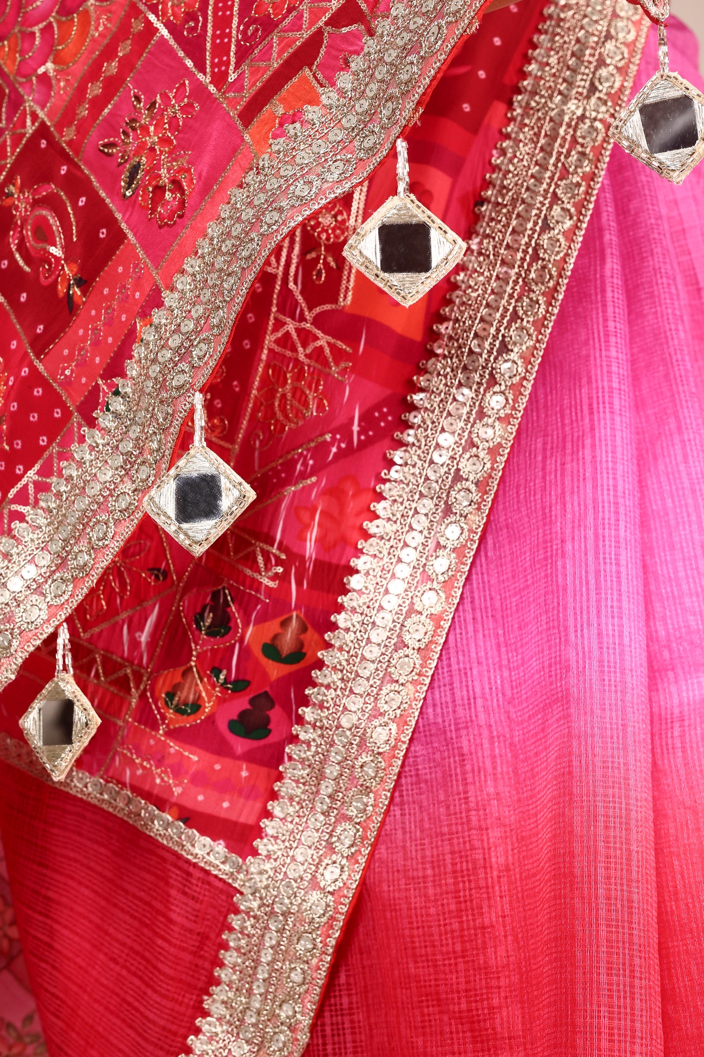 Multicolour Ombre Kota Saree with Embroidered Pallu, Lace & Tassel Detailing