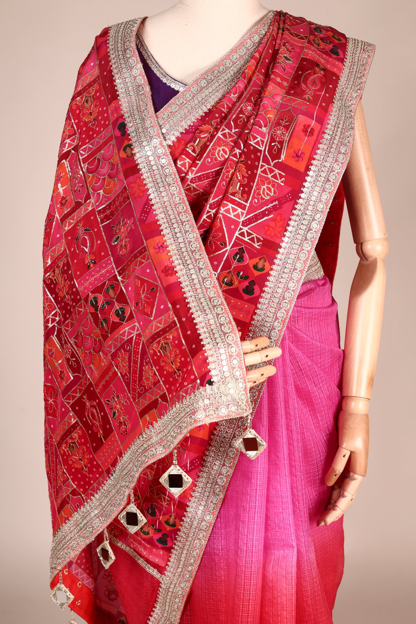 Multicolour Ombre Kota Saree with Embroidered Pallu, Lace & Tassel Detailing