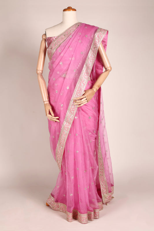 Rani Pink Organza Saree with Mukesh Work, Lace Borders & Tassel Detailing