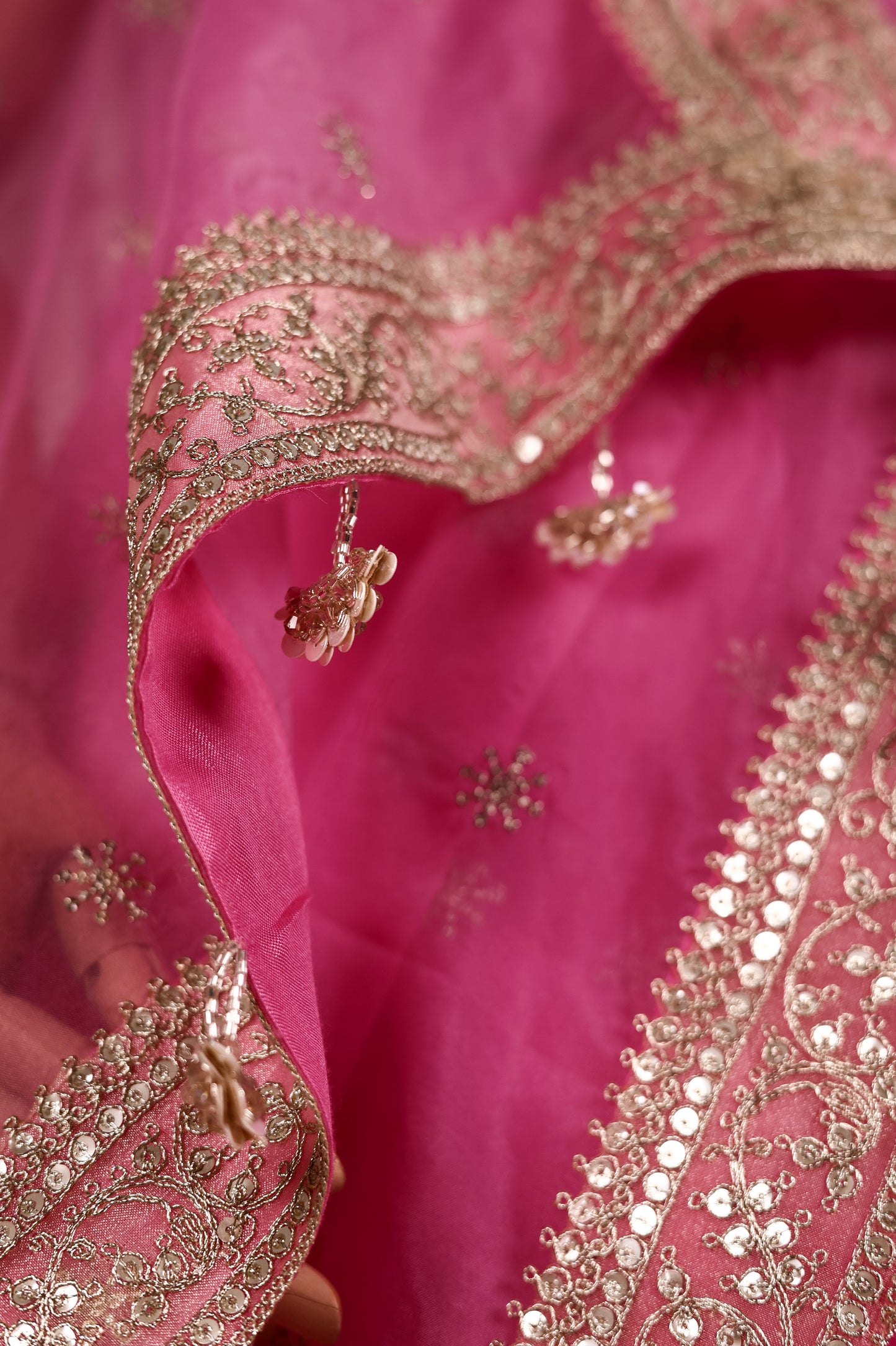 Rani Pink Organza Saree with Mukesh Work, Lace Borders & Tassel Detailing