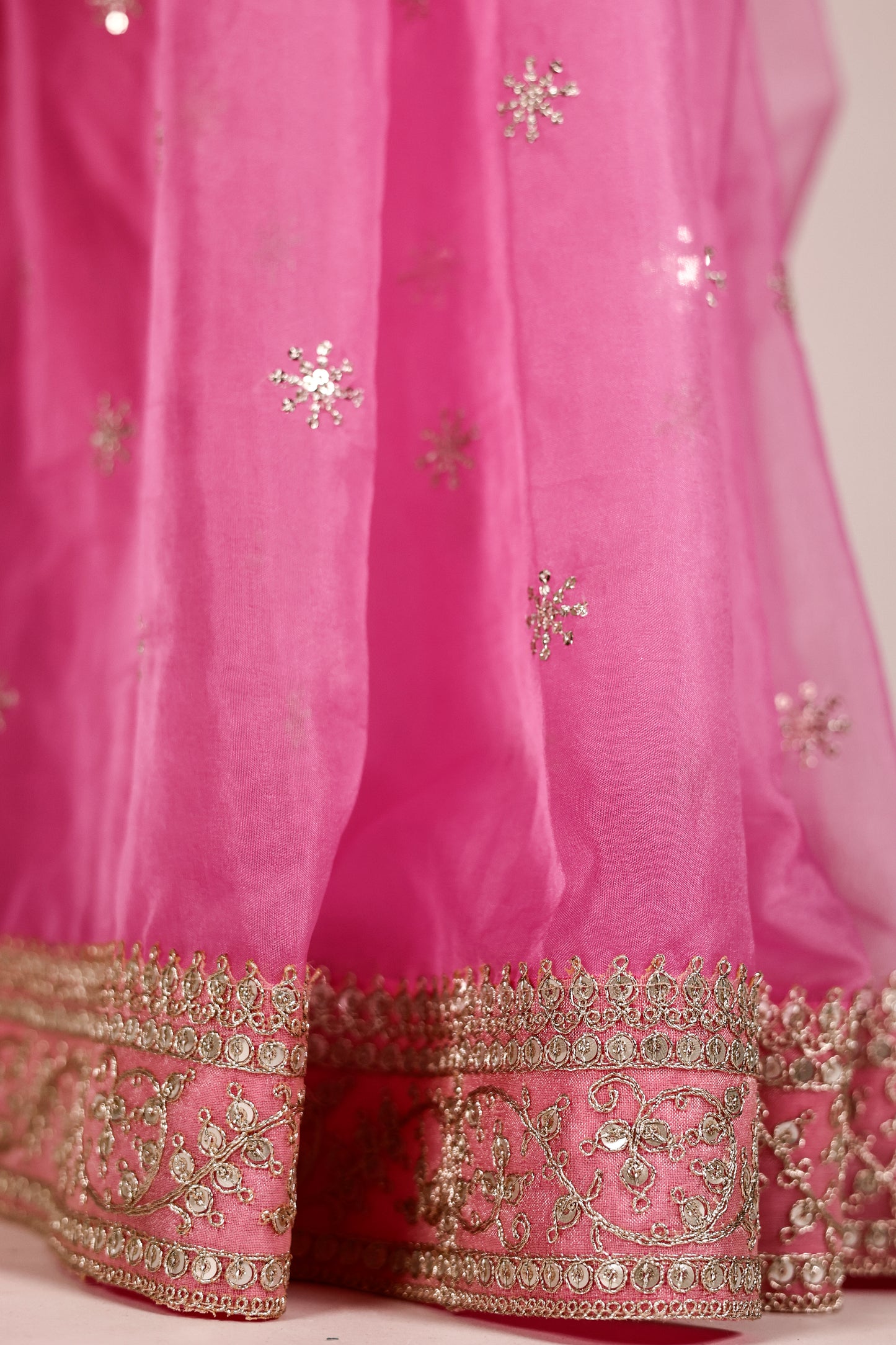 Rani Pink Organza Saree with Mukesh Work, Lace Borders & Tassel Detailing