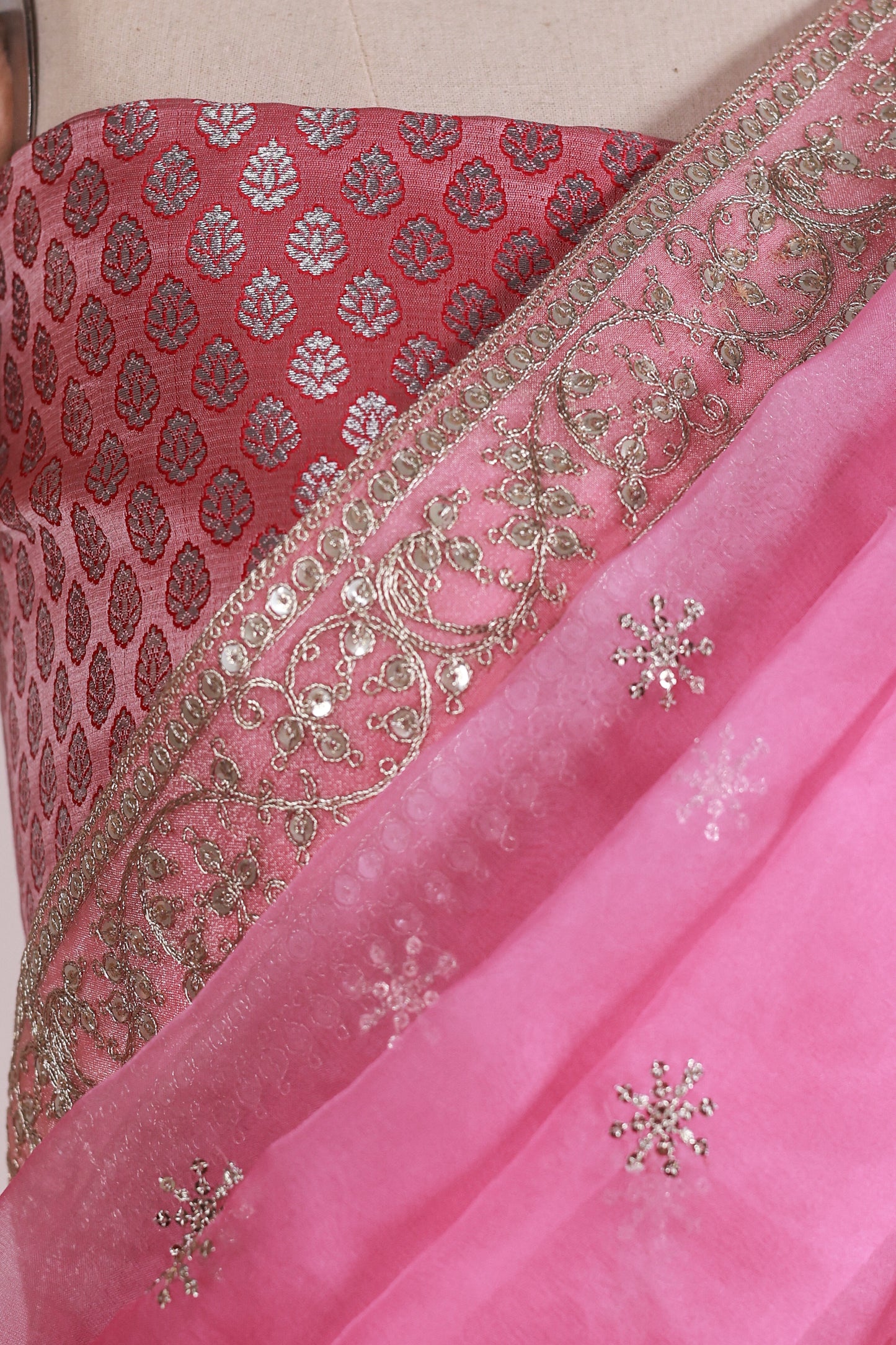 Rani Pink Organza Saree with Mukesh Work, Lace Borders & Tassel Detailing