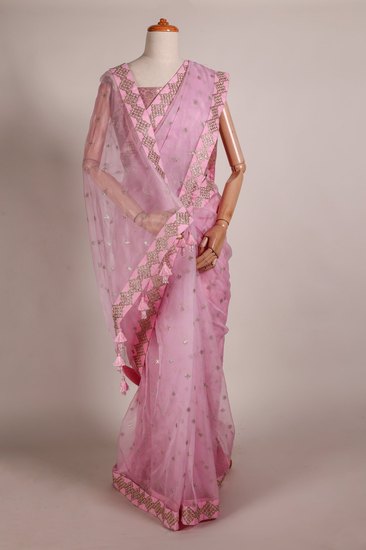Baby Pink Organza Saree with Mukesh Work, Lace Borders & Tassel Detailing