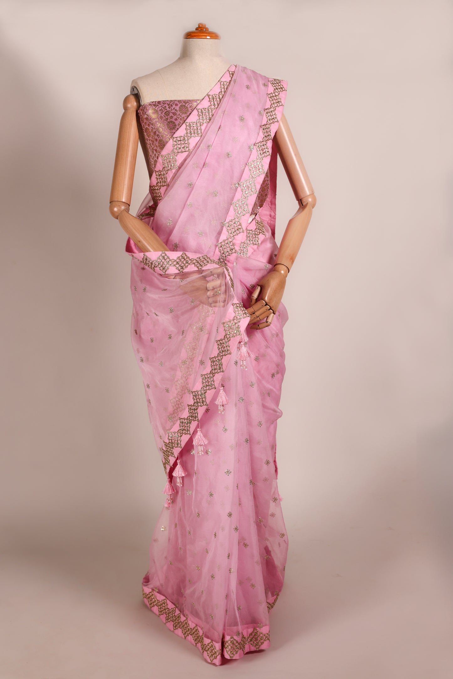 Baby Pink Organza Saree with Mukesh Work, Lace Borders & Tassel Detailing